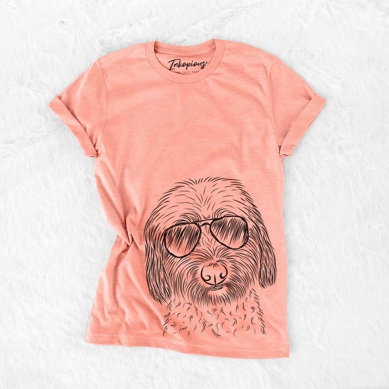 Hand-drawn sketch of Niles the Soft Coated Wheaten Terrier wearing aviator sunglasses on a Sunset Bella Canvas Unisex Crewneck