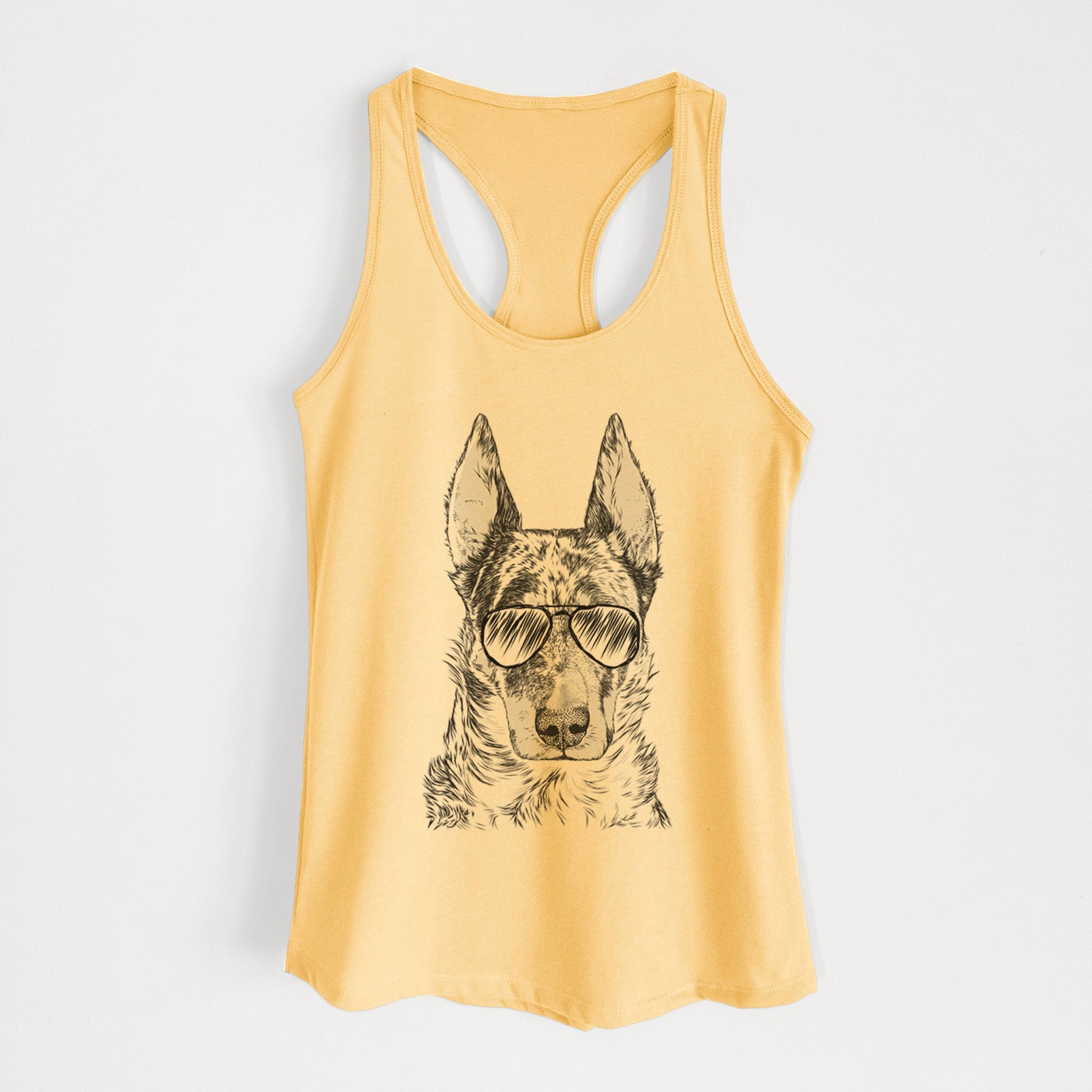 Hand-drawn sketch of Nori the Beauceron wearing aviator sunglasses on a Banana Cream Women's racerback tanktop