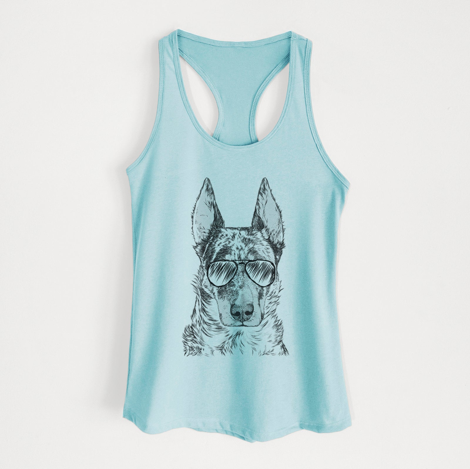 Hand-drawn sketch of Nori the Beauceron wearing aviator sunglasses on a Cancun Blue Women's racerback tanktop
