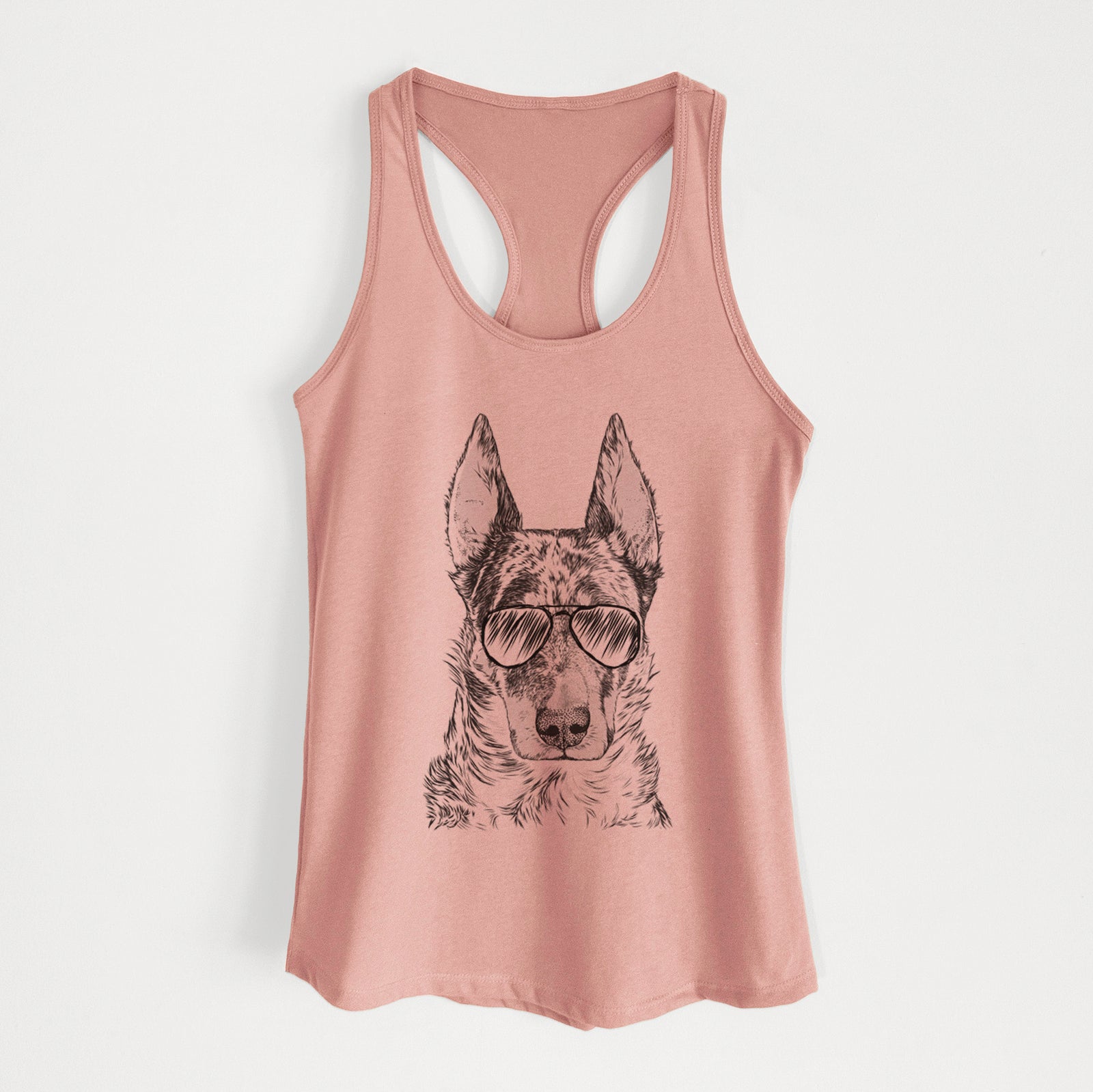 Hand-drawn sketch of Nori the Beauceron wearing aviator sunglasses on a Desert Pink Women's racerback tanktop