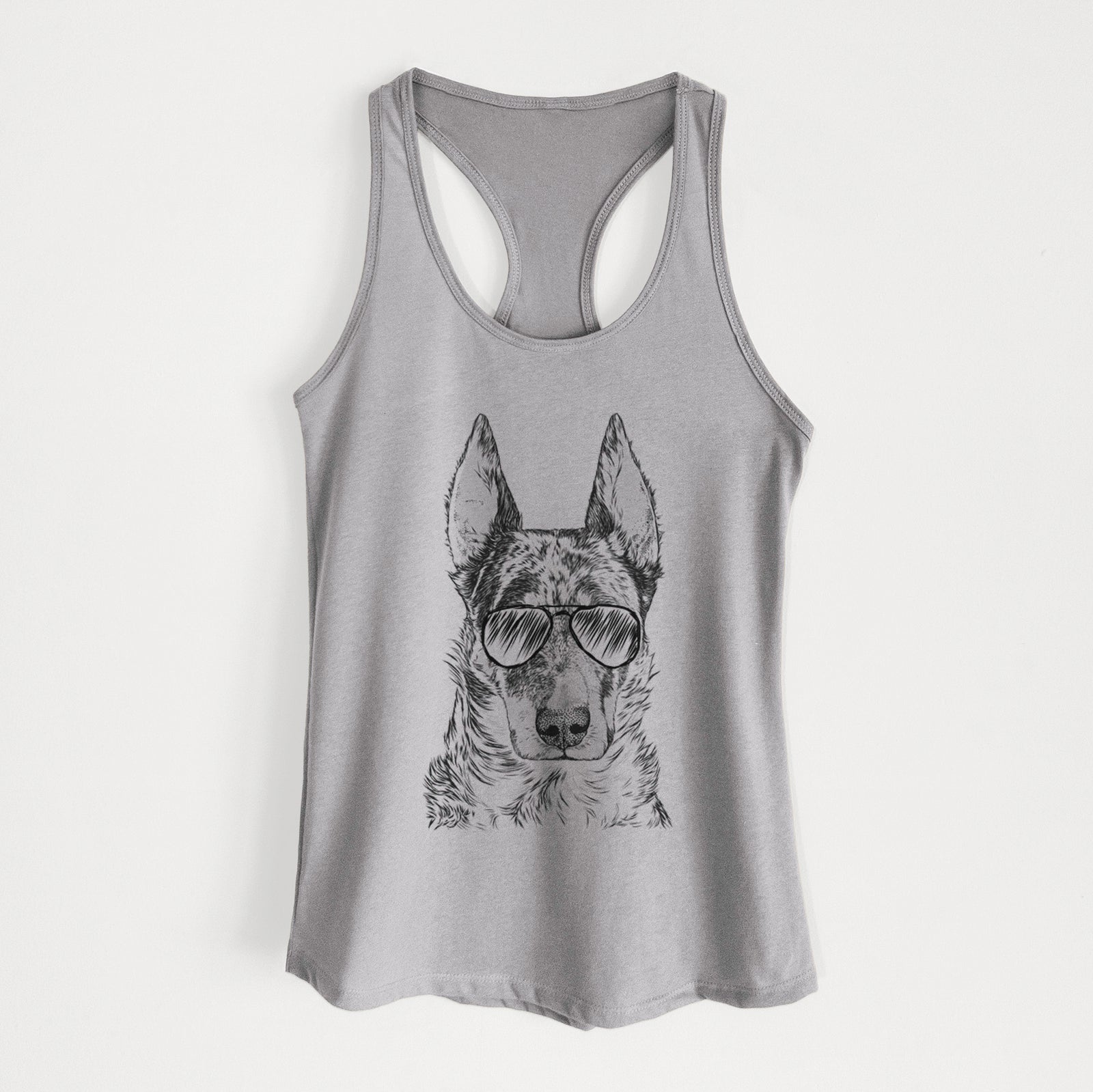 Hand-drawn sketch of Nori the Beauceron wearing aviator sunglasses on a Heather Grey Women's racerback tanktop