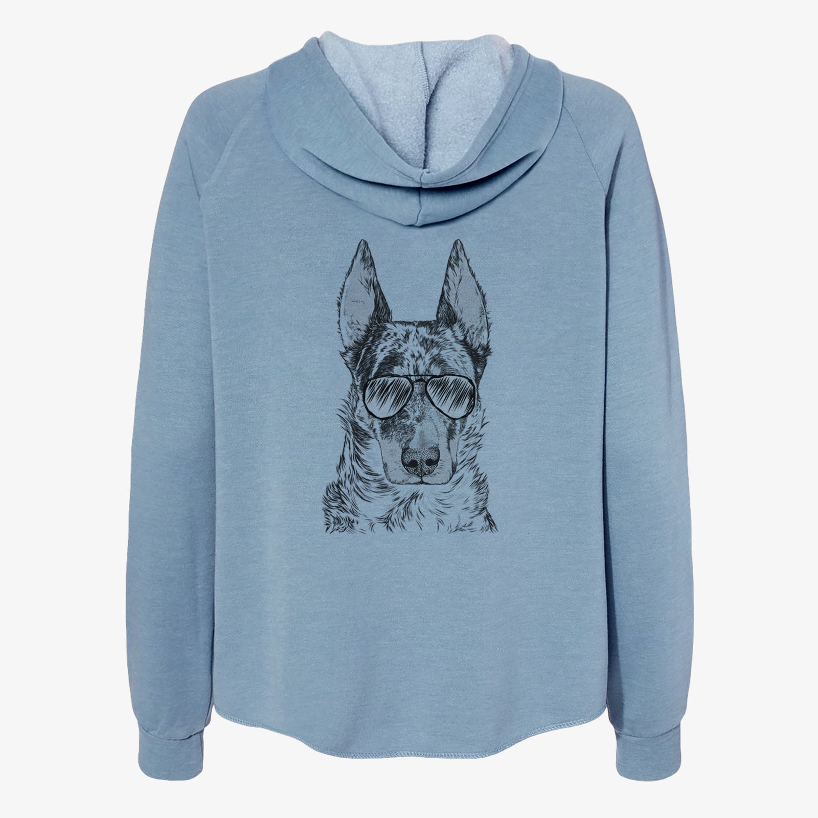 Hand-drawn sketch of Nori the Beauceron wearing aviator sunglasses on a Misty Blue Women's cali wave zip-up sweatshirt
