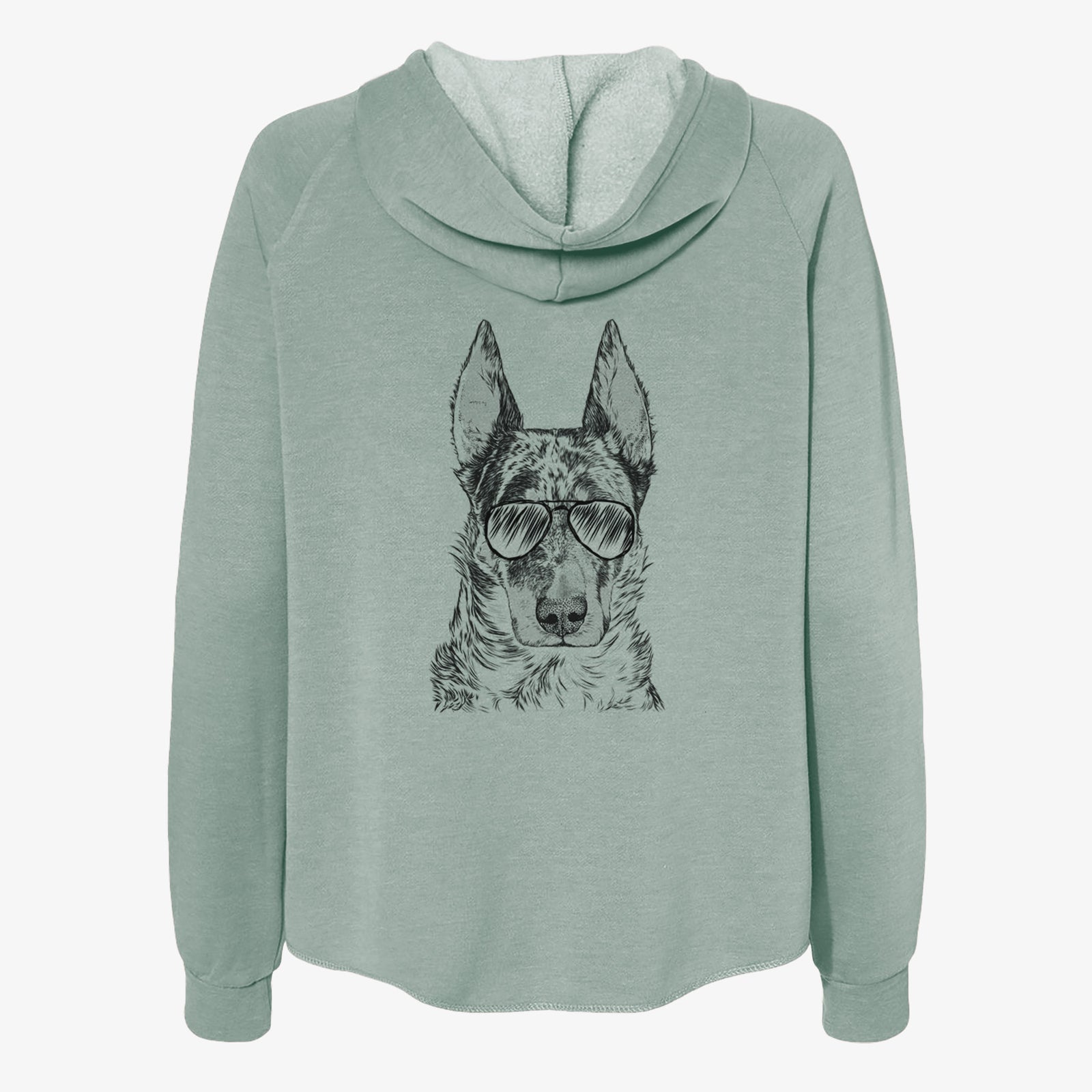 Hand-drawn sketch of Nori the Beauceron wearing aviator sunglasses on a Sage Women's cali wave zip-up sweatshirt