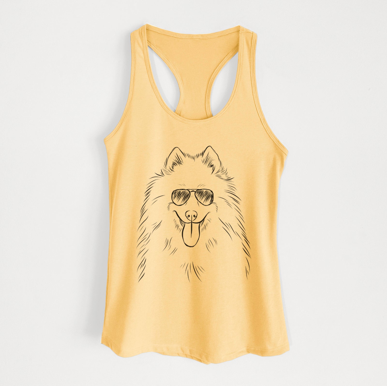 Hand-drawn sketch of Nova the Samoyed wearing aviator sunglasses on a Banana Cream Women's racerback tanktop