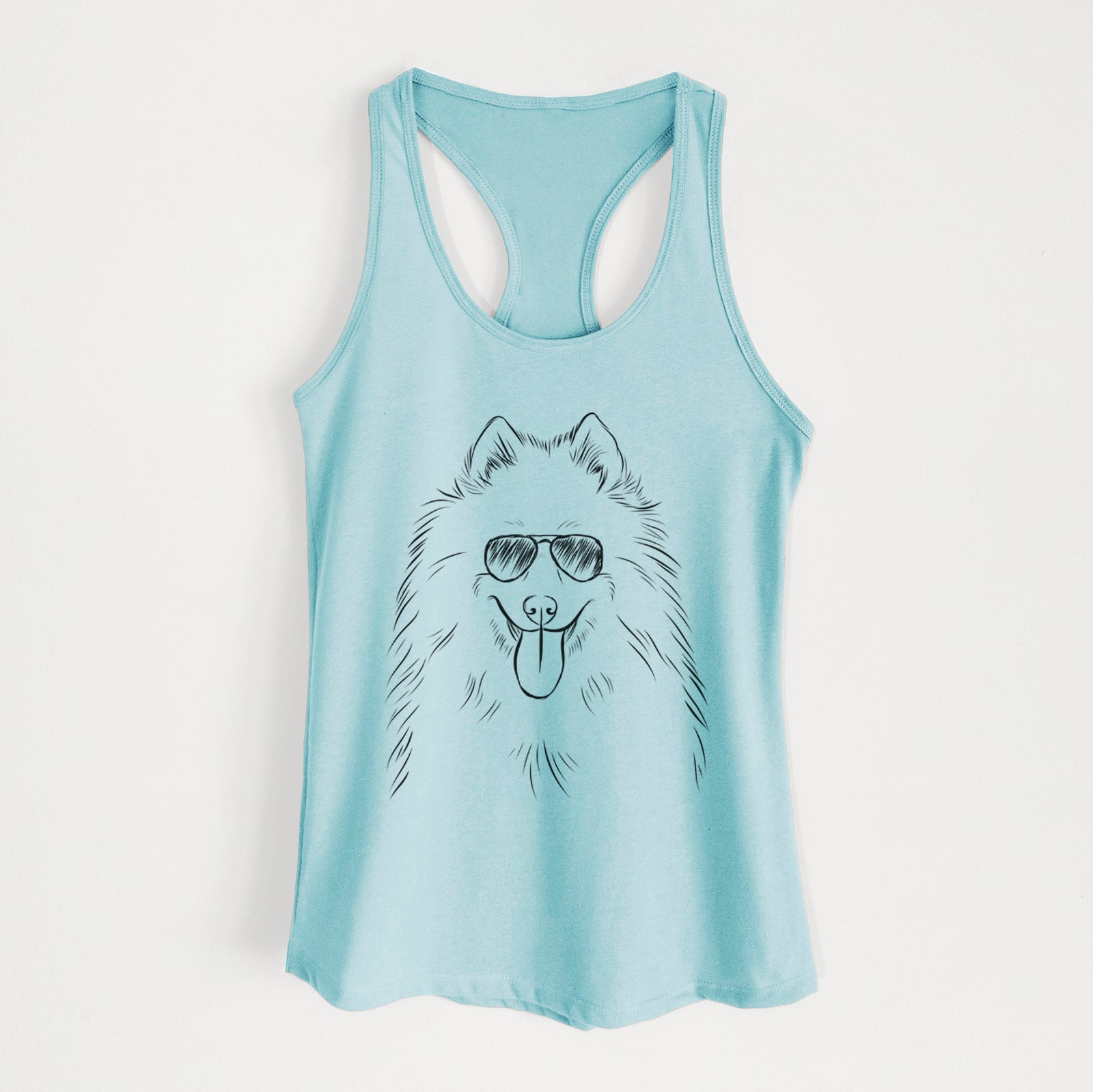 Hand-drawn sketch of Nova the Samoyed wearing aviator sunglasses on a Cancun Blue Women's racerback tanktop