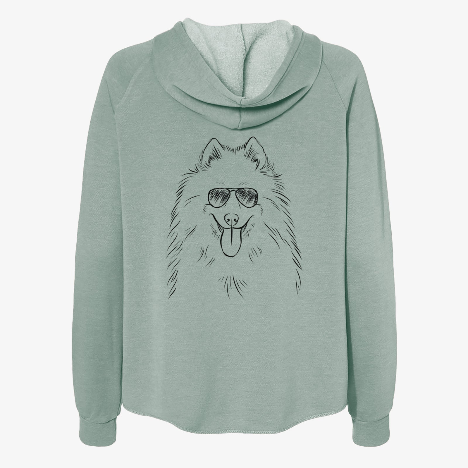 Hand-drawn sketch of Nova the Samoyed wearing aviator sunglasses on a Sage Women's cali wave zip-up sweatshirt