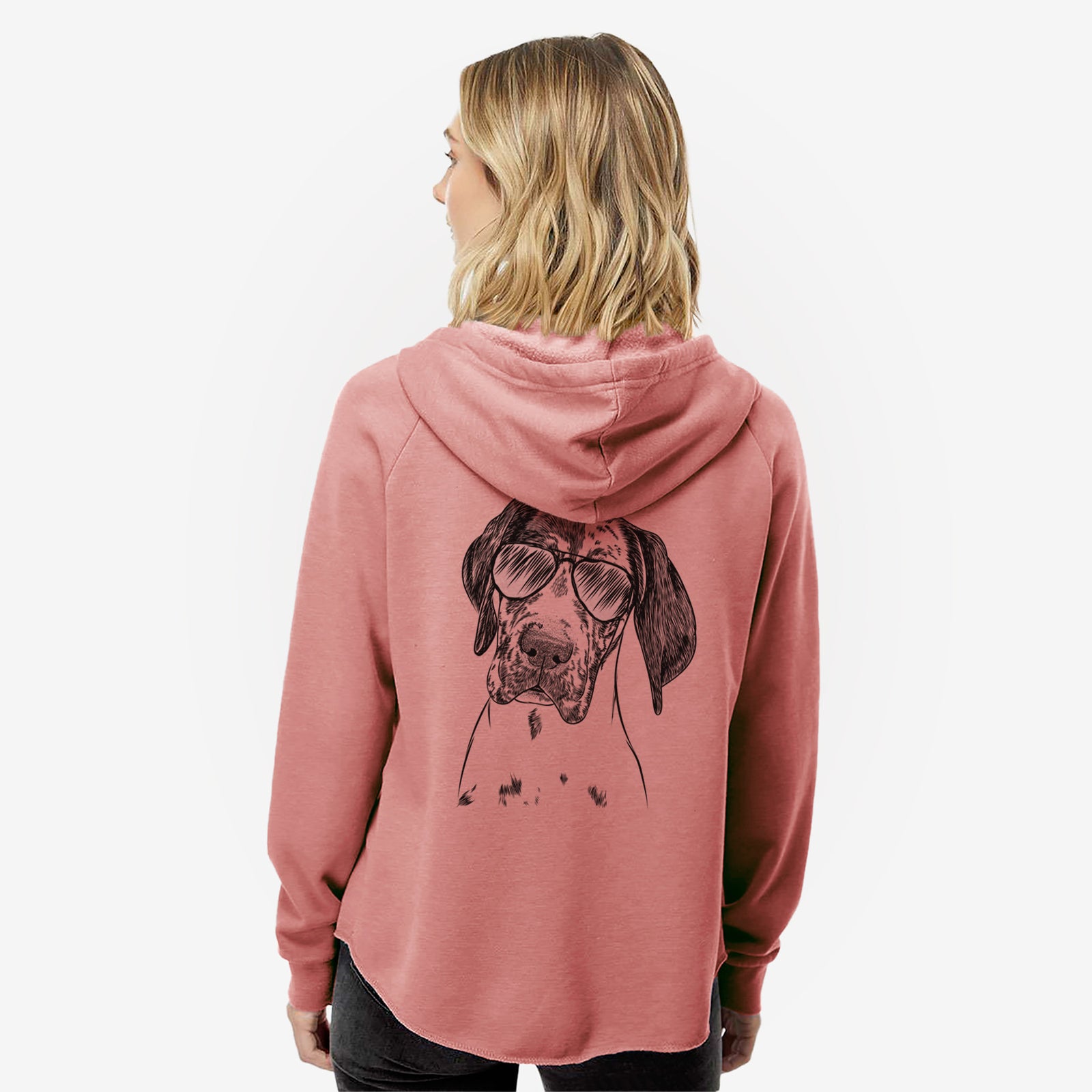 Hand-drawn sketch of Nyx the Great Dane wearing aviator sunglasses on a Dusty Rose Women's cali wave zip-up sweatshirt