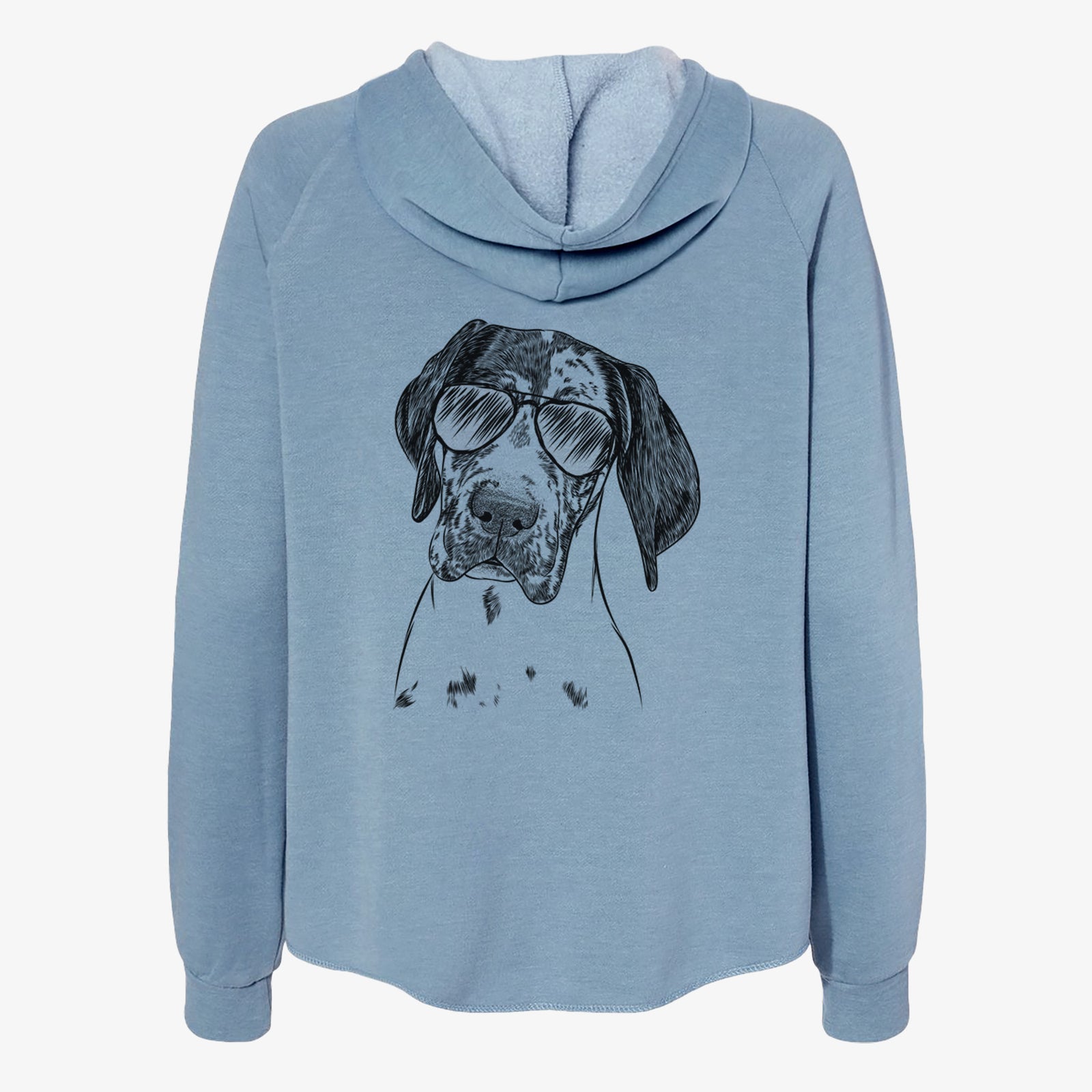 Hand-drawn sketch of Nyx the Great Dane wearing aviator sunglasses on a Misty Blue Women's cali wave zip-up sweatshirt