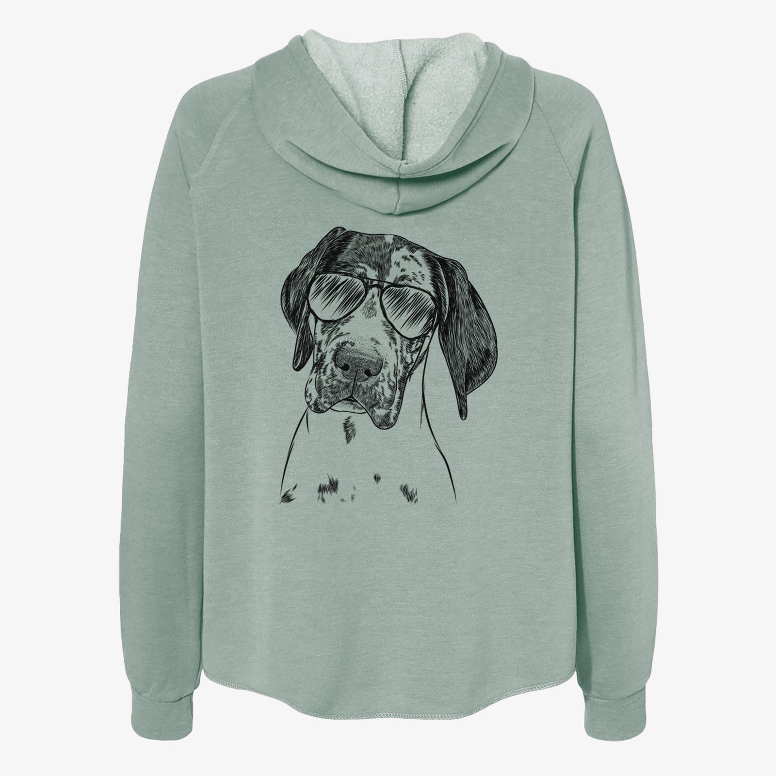 Hand-drawn sketch of Nyx the Great Dane wearing aviator sunglasses on a Sage Women's cali wave zip-up sweatshirt