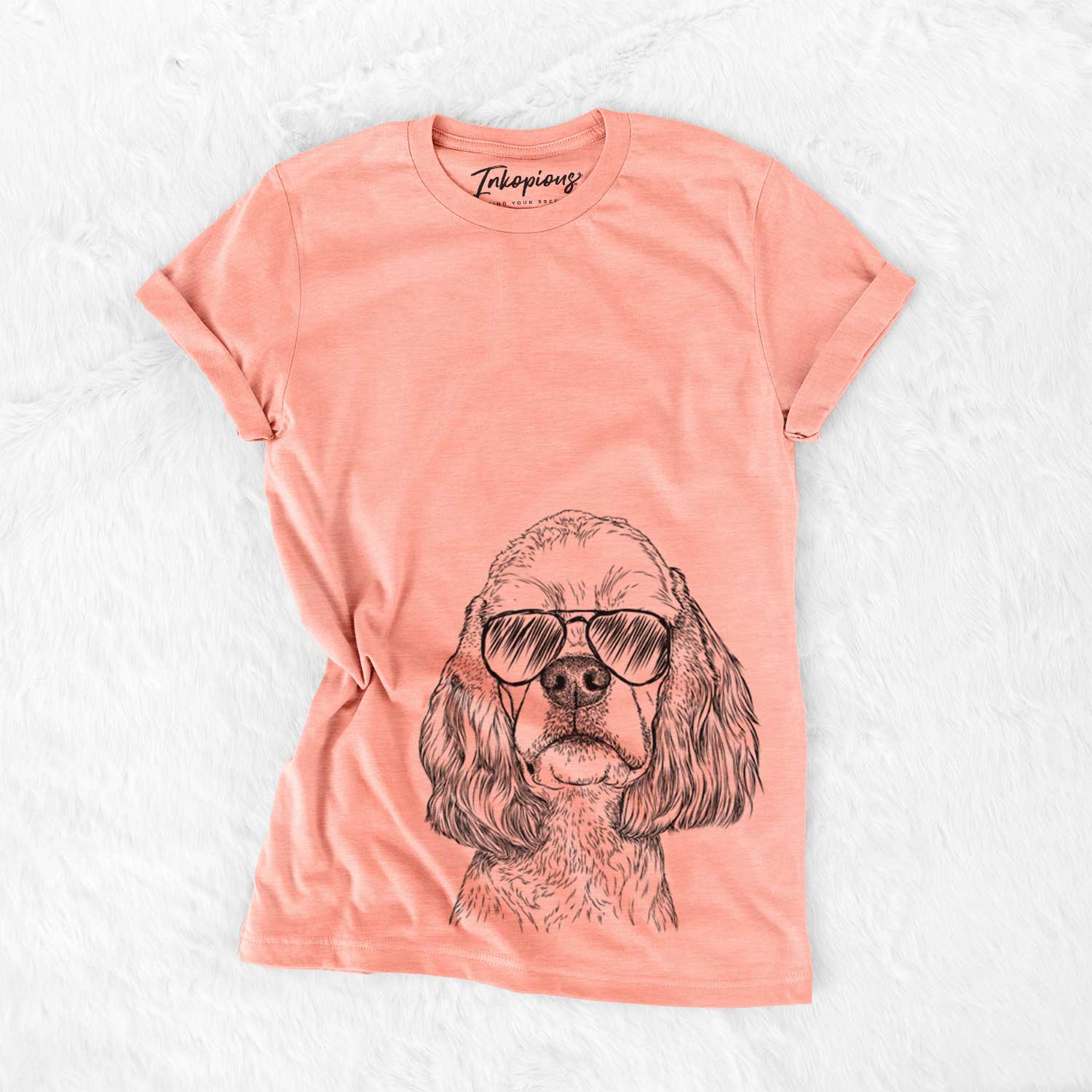 Hand-drawn sketch of Oakley the American Cocker Spaniel wearing aviator sunglasses on a Sunset Bella Canvas Unisex Crewneck