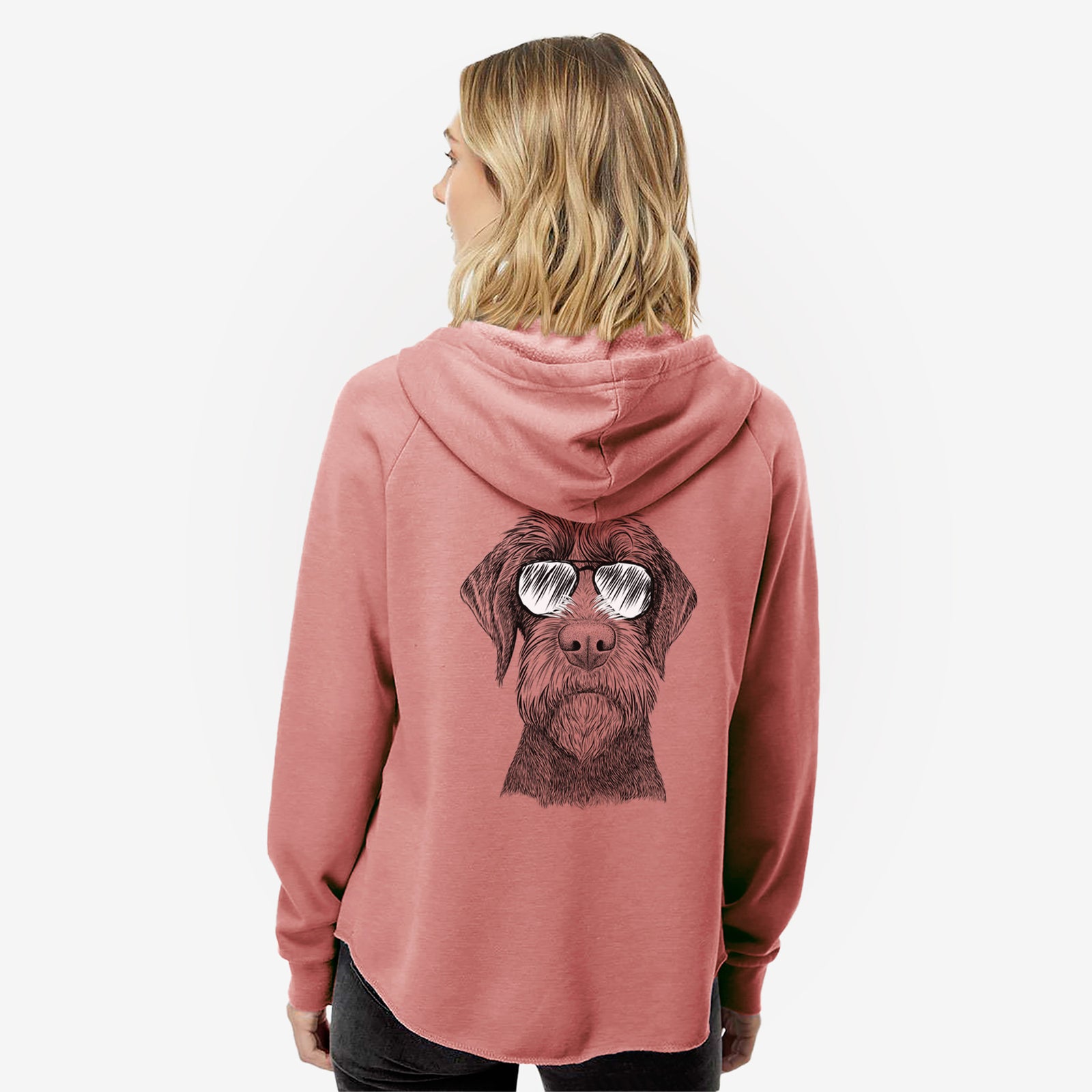 Hand-drawn sketch of Oakley the Pudelpointer wearing aviator sunglasses on a Dusty Rose Women's cali wave zip-up sweatshirt