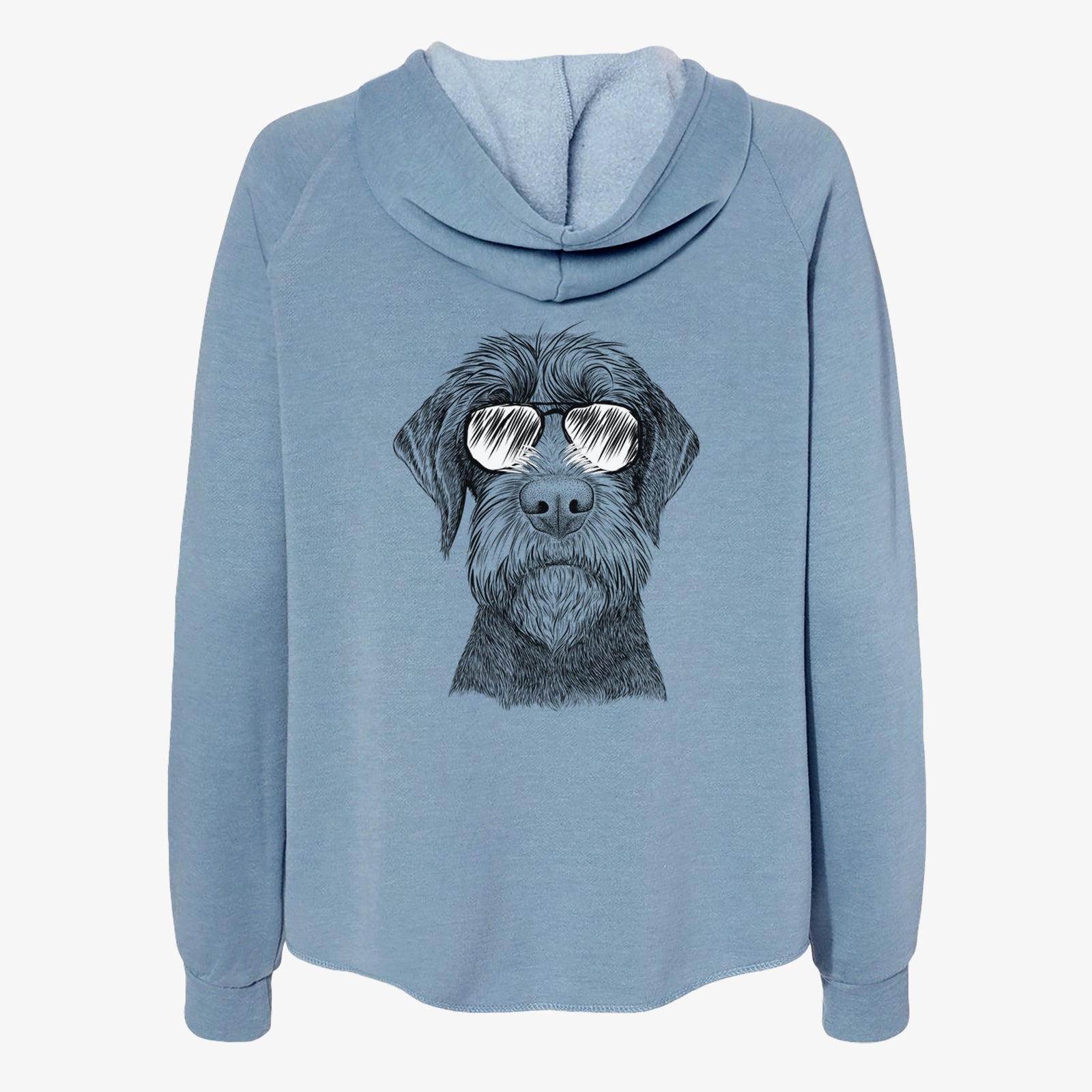 Hand-drawn sketch of Oakley the Pudelpointer wearing aviator sunglasses on a Misty Blue Women's cali wave zip-up sweatshirt