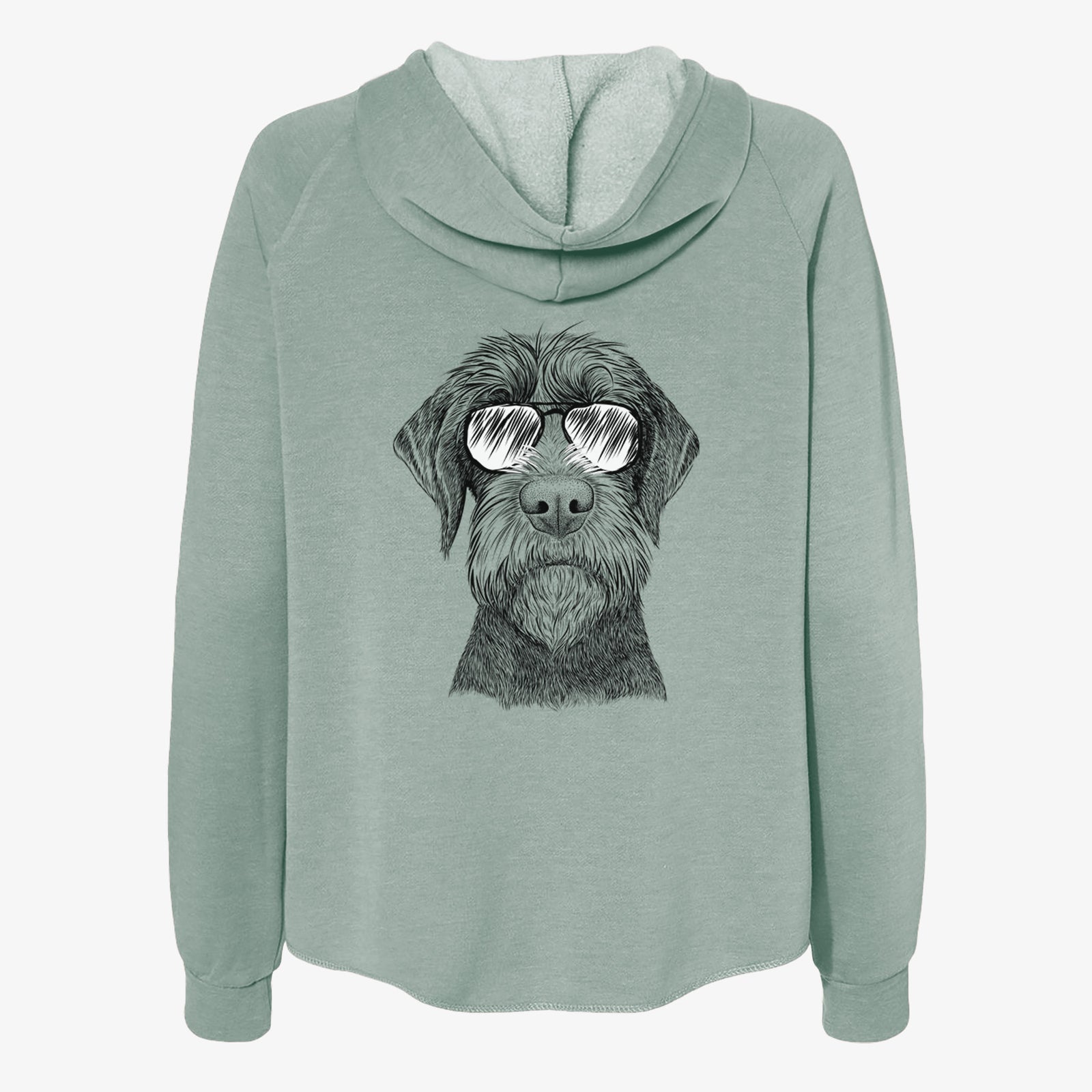 Hand-drawn sketch of Oakley the Pudelpointer wearing aviator sunglasses on a Sage Women's cali wave zip-up sweatshirt