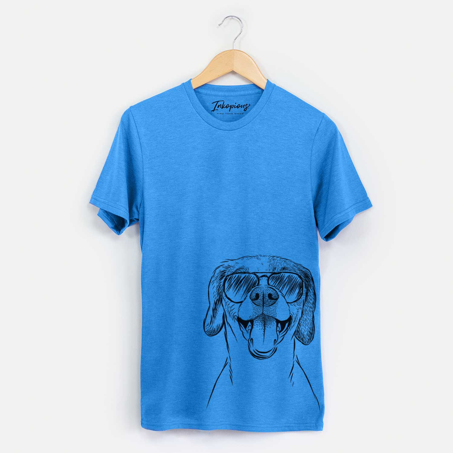 Hand-drawn sketch of Obi the Beagle Mix wearing aviator sunglasses on a Blue Unisex crewneck