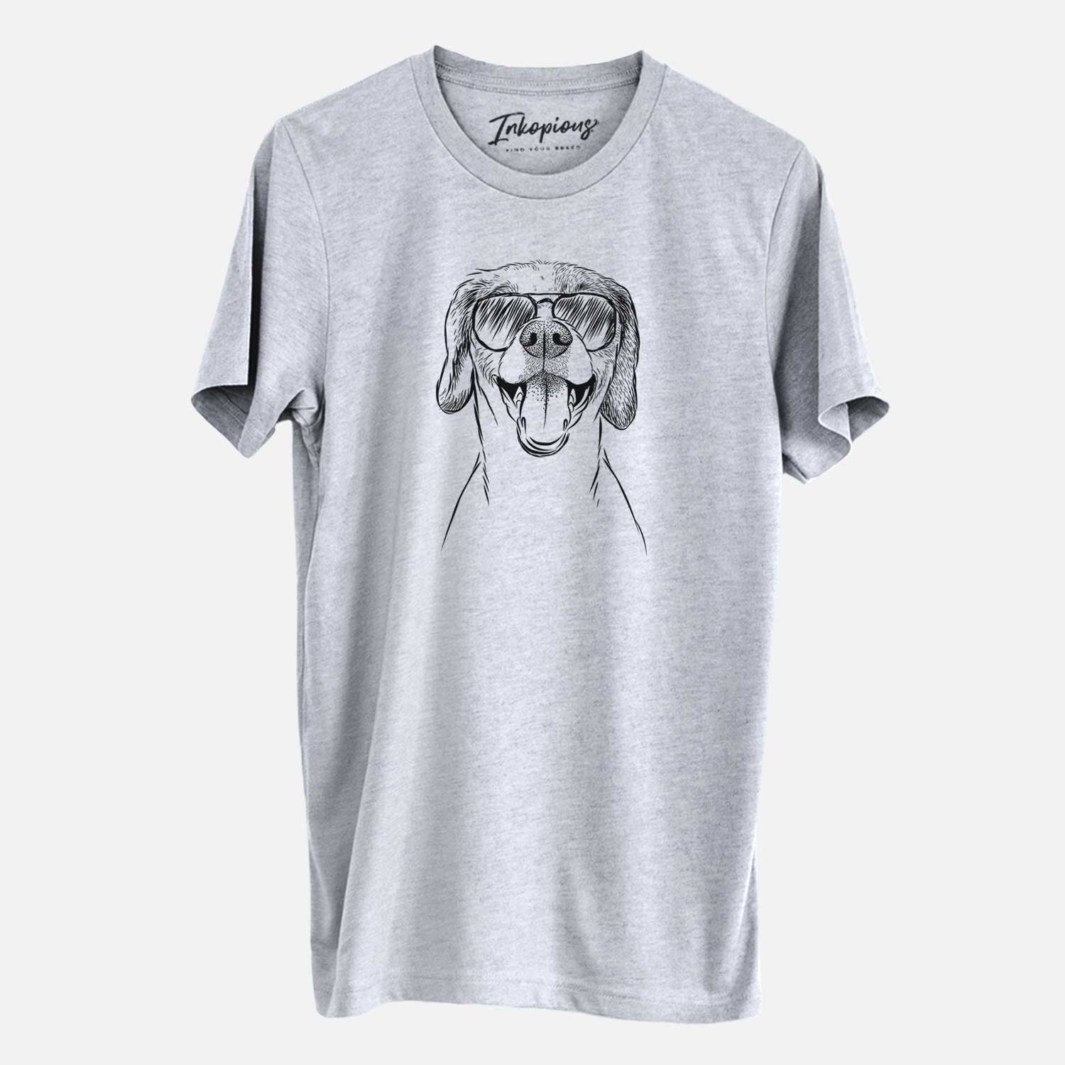 Hand-drawn sketch of Obi the Beagle Mix wearing aviator sunglasses on a Grey Unisex crewneck