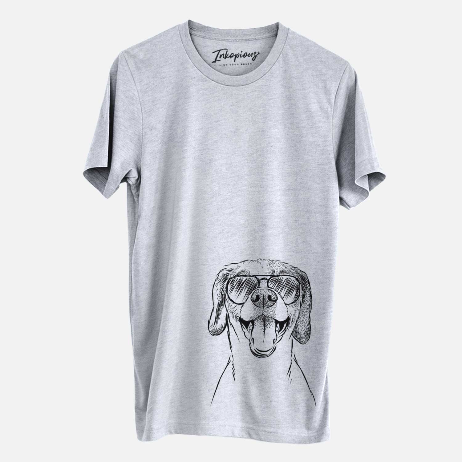 Hand-drawn sketch of Obi the Beagle Mix wearing aviator sunglasses on a Grey Unisex crewneck