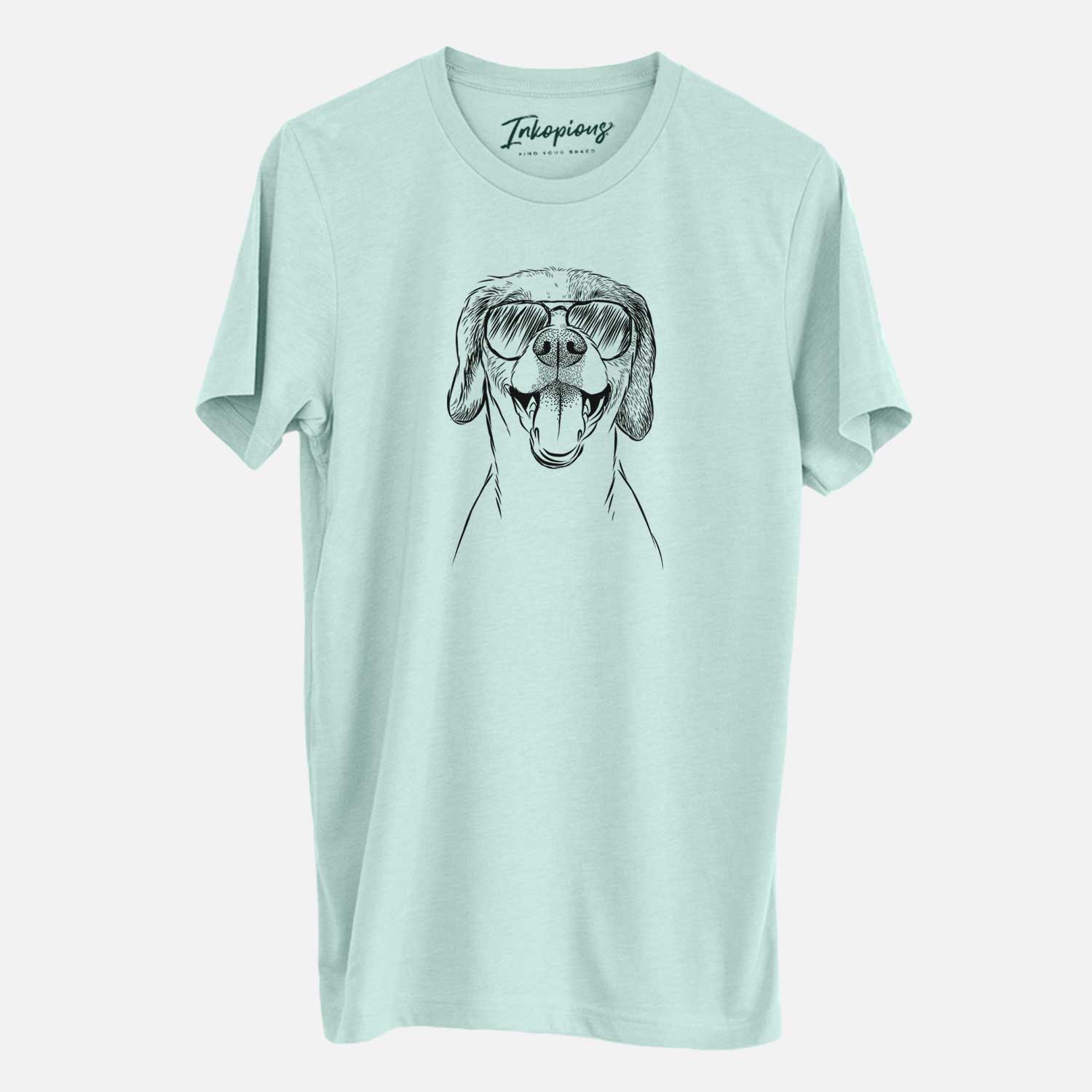 Hand-drawn sketch of Obi the Beagle Mix wearing aviator sunglasses on a Heather Sage Unisex crewneck