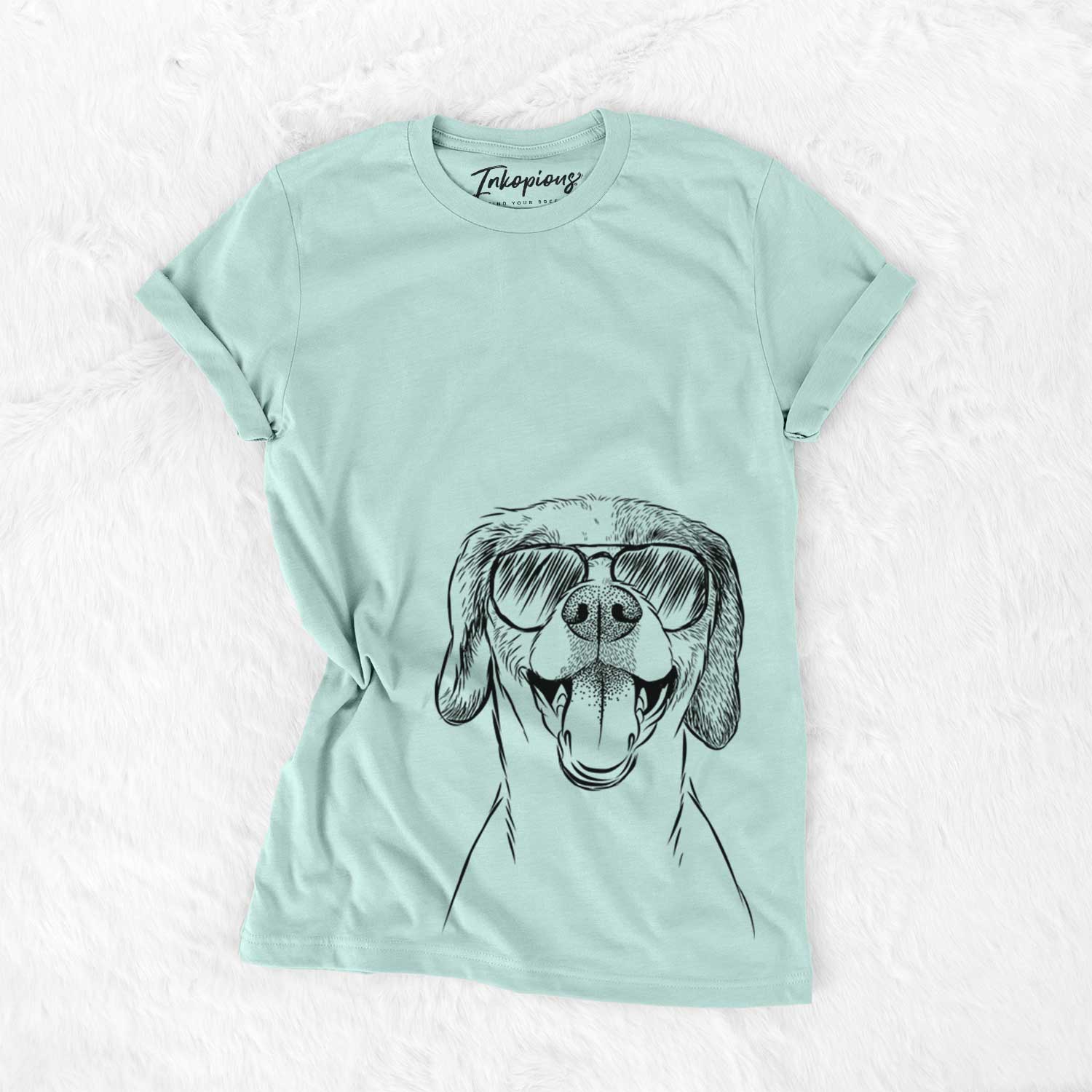 Hand-drawn sketch of Obi the Beagle Mix wearing aviator sunglasses on a Heather Sage Unisex crewneck