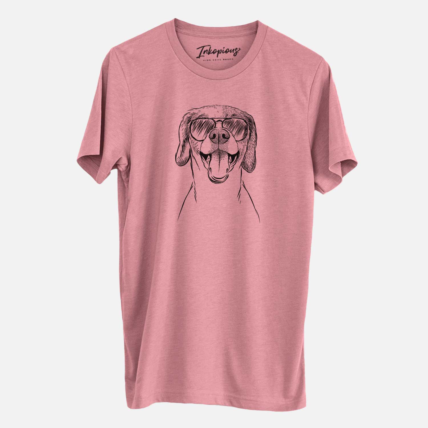Hand-drawn sketch of Obi the Beagle Mix wearing aviator sunglasses on a Mauve Unisex crewneck