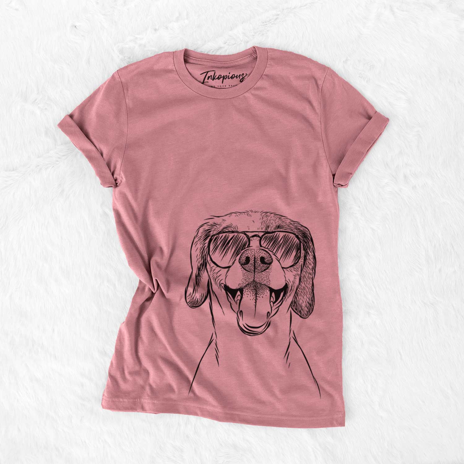 Hand-drawn sketch of Obi the Beagle Mix wearing aviator sunglasses on a Mauve Unisex crewneck