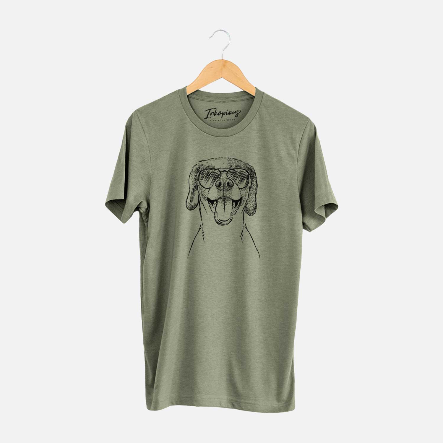 Hand-drawn sketch of Obi the Beagle Mix wearing aviator sunglasses on an Olive Unisex crewneck