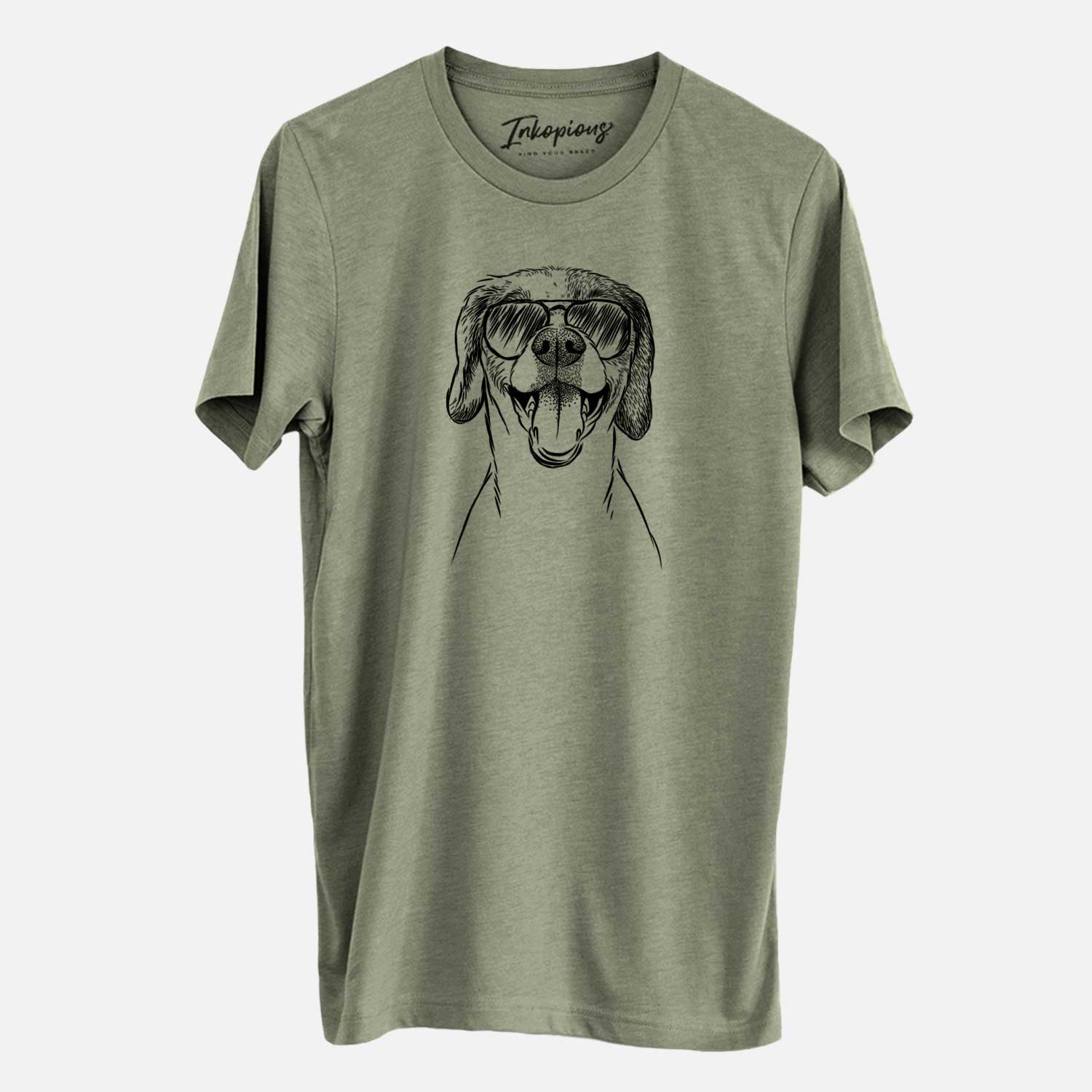 Hand-drawn sketch of Obi the Beagle Mix wearing aviator sunglasses on an Olive Unisex crewneck