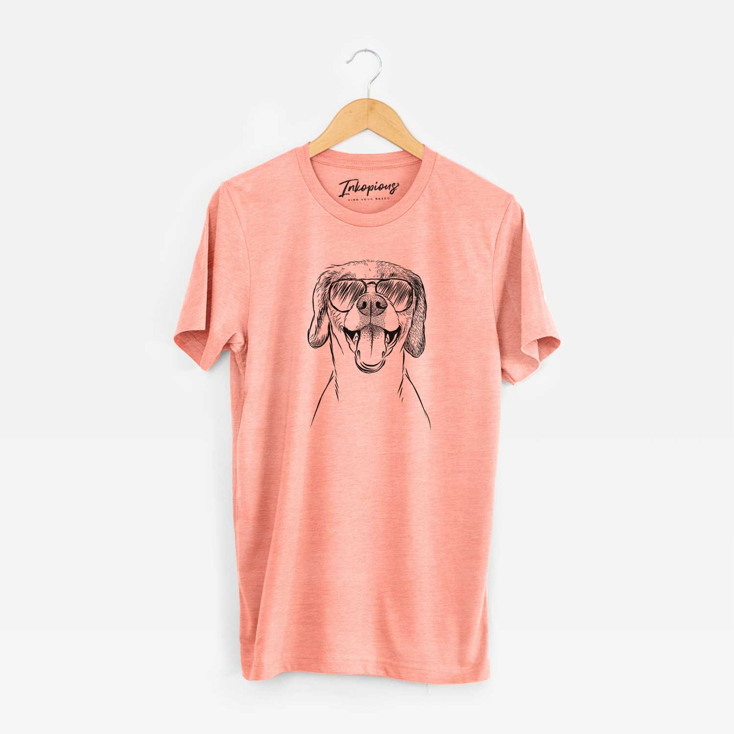 Hand-drawn sketch of Obi the Beagle Mix wearing aviator sunglasses on a Sunset Unisex crewneck