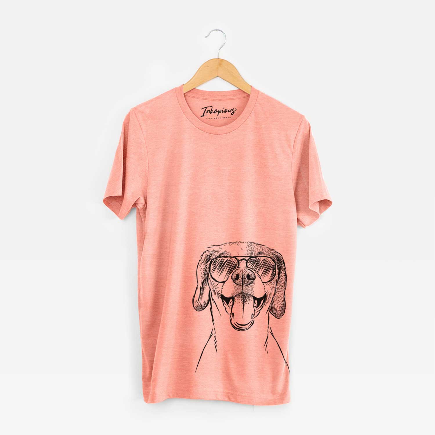 Hand-drawn sketch of Obi the Beagle Mix wearing aviator sunglasses on a Sunset Unisex crewneck