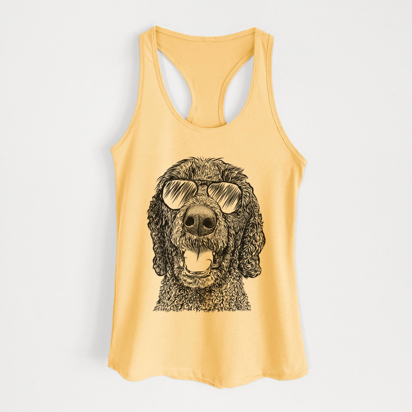 Hand-drawn sketch of Obi James the Goldendoodle wearing aviator sunglasses on a Banana Cream Women's racerback tanktop