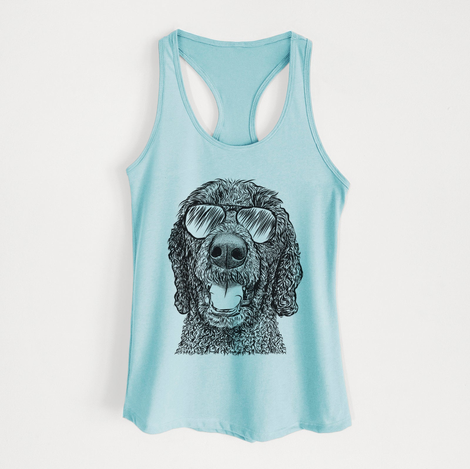Hand-drawn sketch of Obi James the Goldendoodle wearing aviator sunglasses on a Cancun Blue Women's racerback tanktop