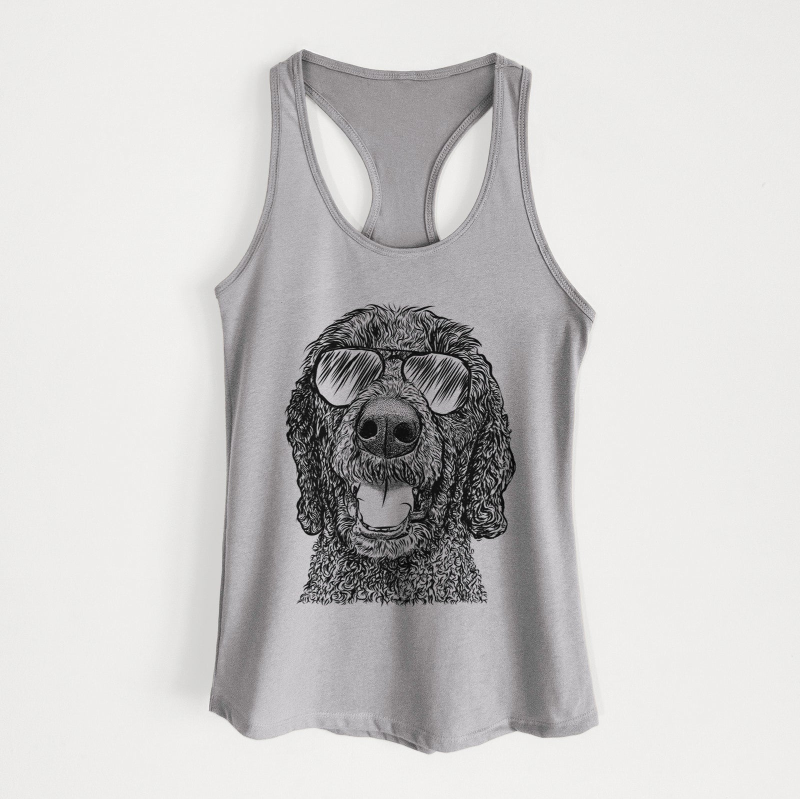 Hand-drawn sketch of Obi James the Goldendoodle wearing aviator sunglasses on a Heather Grey Women's racerback tanktop