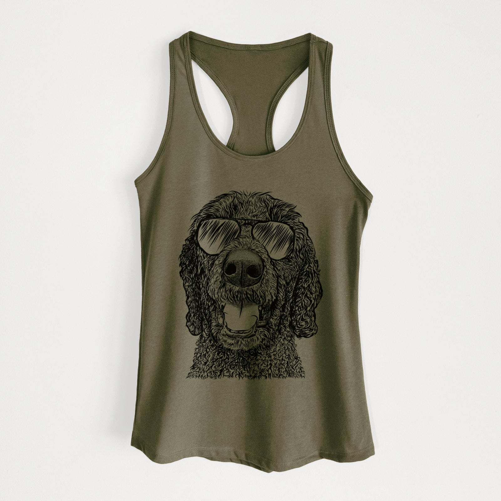 Hand-drawn sketch of Obi James the Goldendoodle wearing aviator sunglasses on a Military Green Women's racerback tanktop