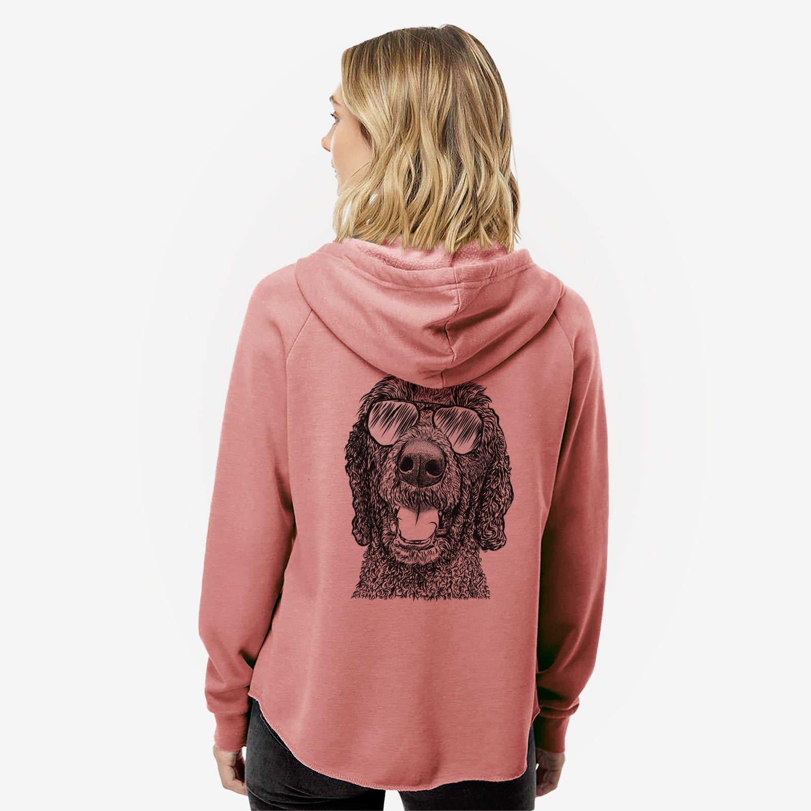 Hand-drawn sketch of Obi James the Goldendoodle wearing aviator sunglasses on a Dusty Rose Women's cali wave zip-up sweatshirt