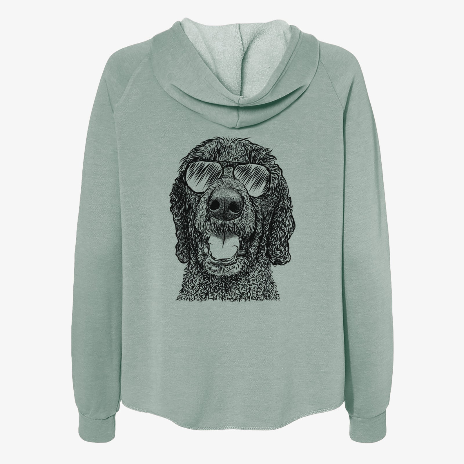 Hand-drawn sketch of Obi James the Goldendoodle wearing aviator sunglasses on a Sage Women's cali wave zip-up sweatshirt