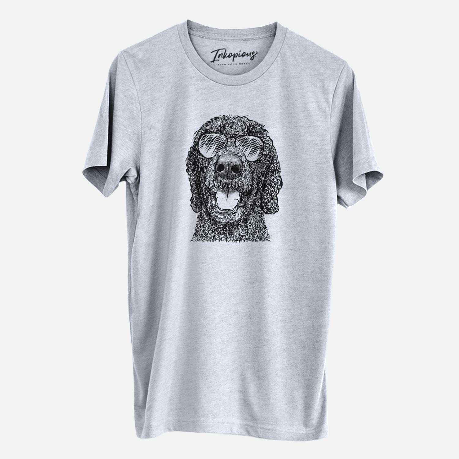 Hand-drawn sketch of Obi James the Goldendoodle wearing aviator sunglasses on a Grey Unisex crewneck