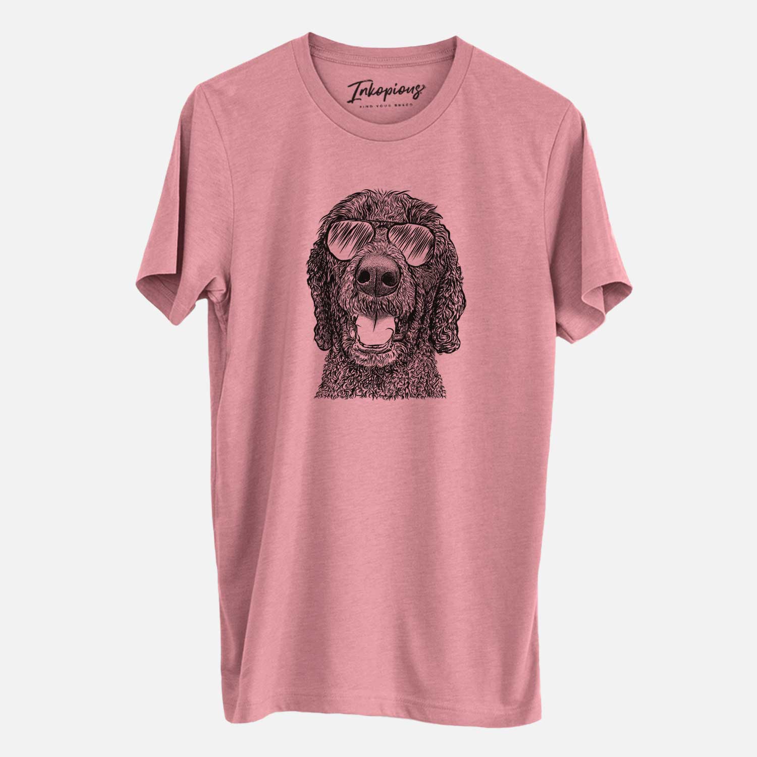 Hand-drawn sketch of Obi James the Goldendoodle wearing aviator sunglasses on a Mauve Unisex crewneck