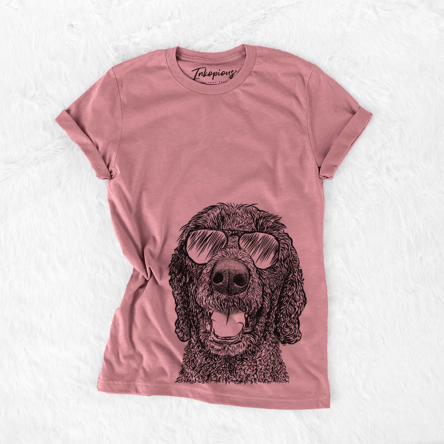 Hand-drawn sketch of Obi James the Goldendoodle wearing aviator sunglasses on a Mauve Bella Canvas Unisex Crewneck