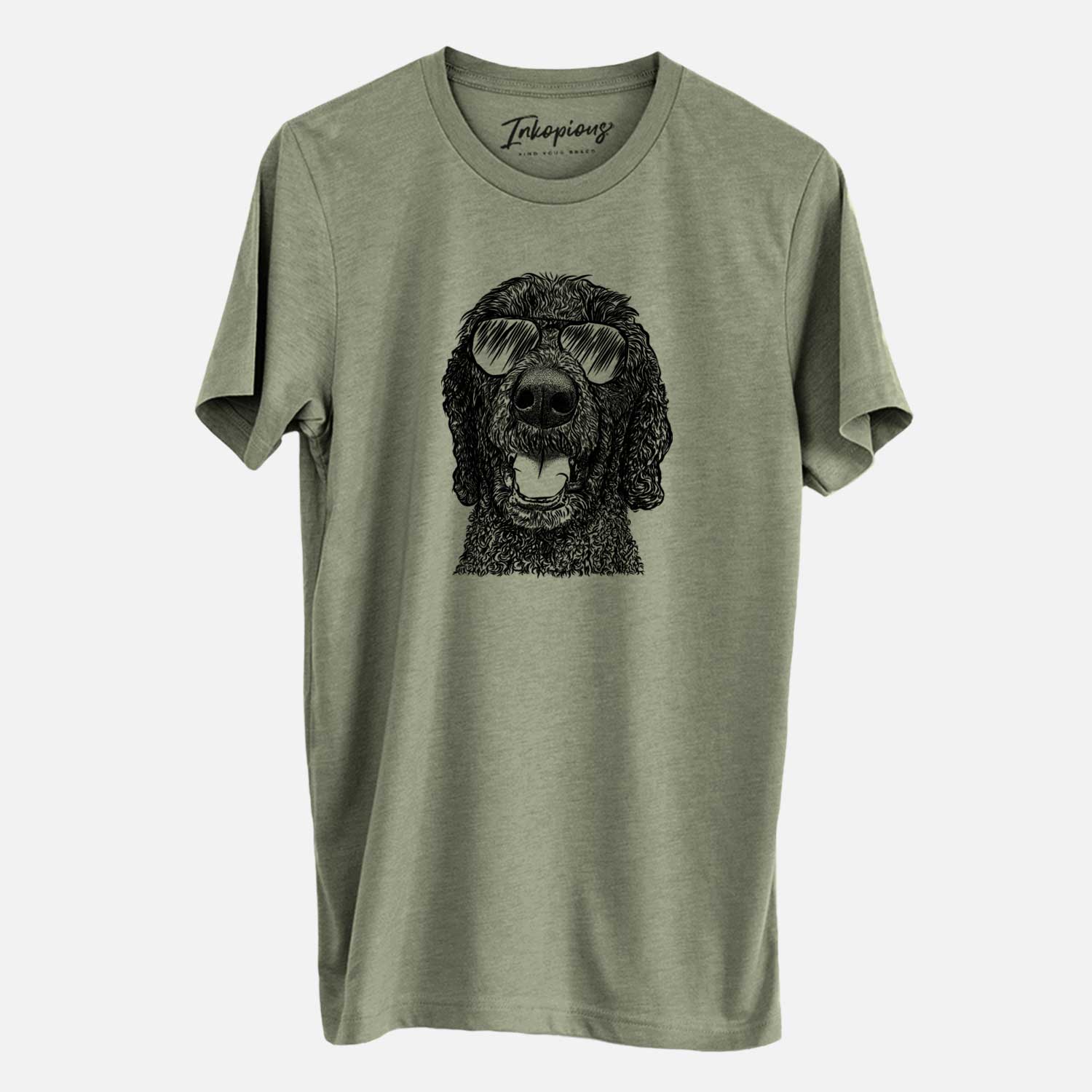 Hand-drawn sketch of Obi James the Goldendoodle wearing aviator sunglasses on an Olive Unisex crewneck