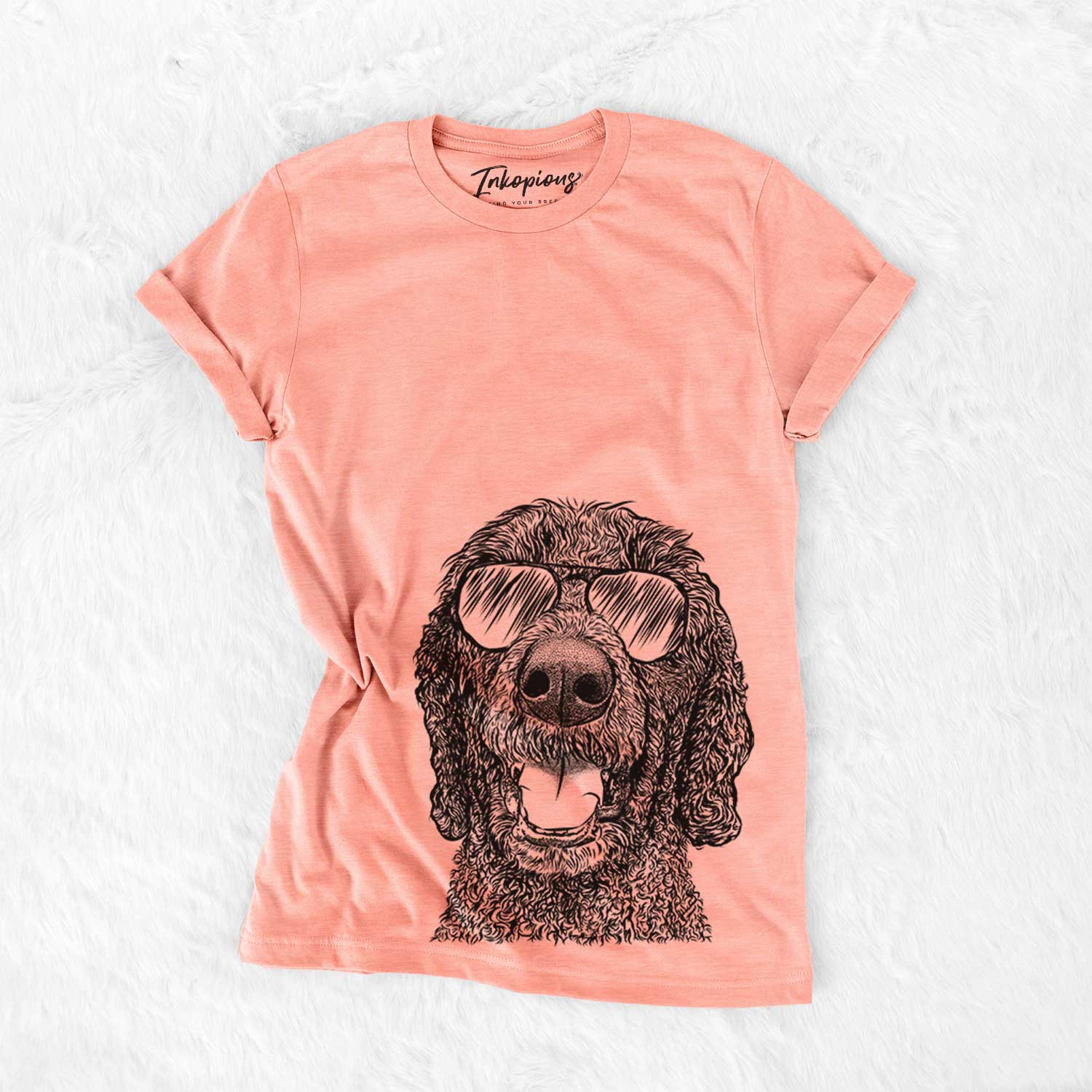 Hand-drawn sketch of Obi James the Goldendoodle wearing aviator sunglasses on a Sunset Bella Canvas Unisex Crewneck