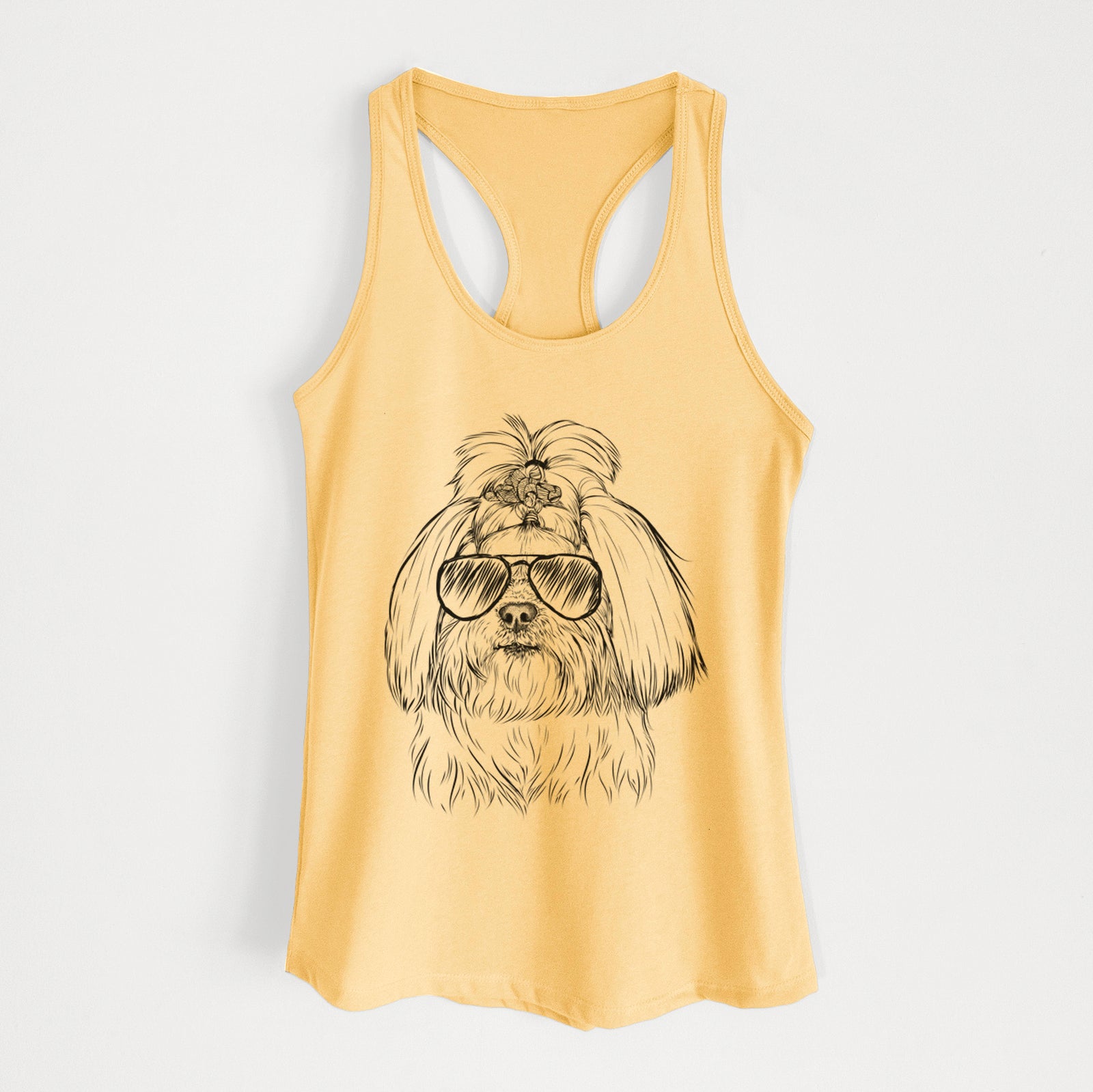 Hand-drawn sketch of Olga the Shih Tzu wearing aviator sunglasses on a Banana Cream Women's racerback tanktop