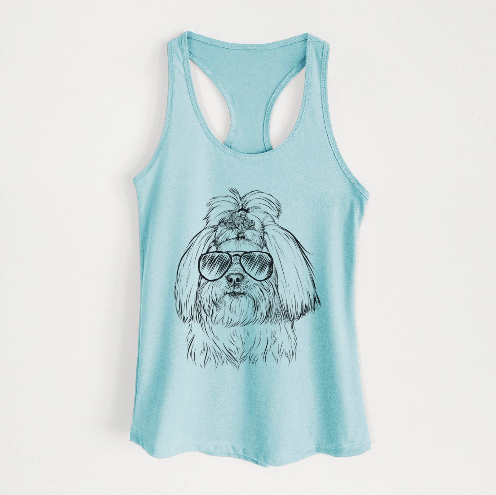 Hand-drawn sketch of Olga the Shih Tzu wearing aviator sunglasses on a Cancun Blue Women's racerback tanktop
