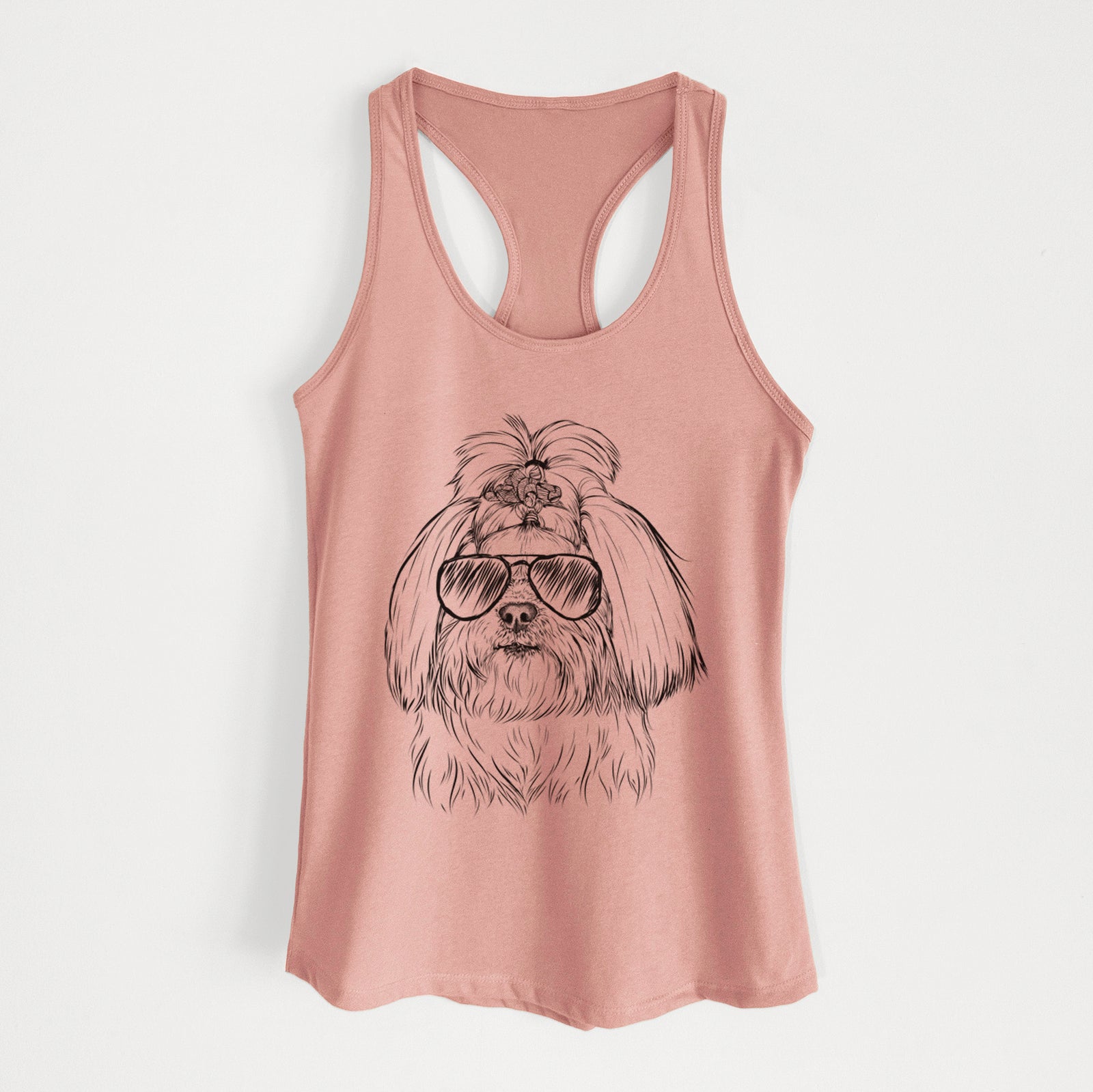 Hand-drawn sketch of Olga the Shih Tzu wearing aviator sunglasses on a Desert Pink Women's racerback tanktop