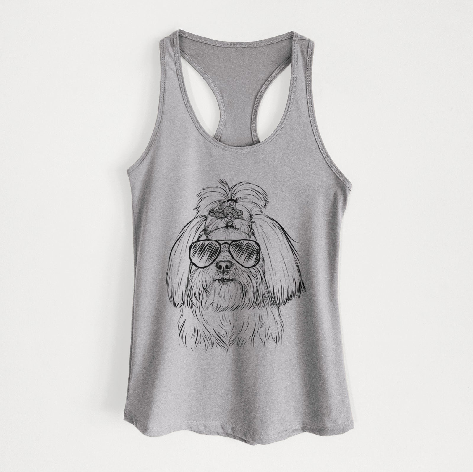 Hand-drawn sketch of Olga the Shih Tzu wearing aviator sunglasses on a Heather Grey Women's racerback tanktop