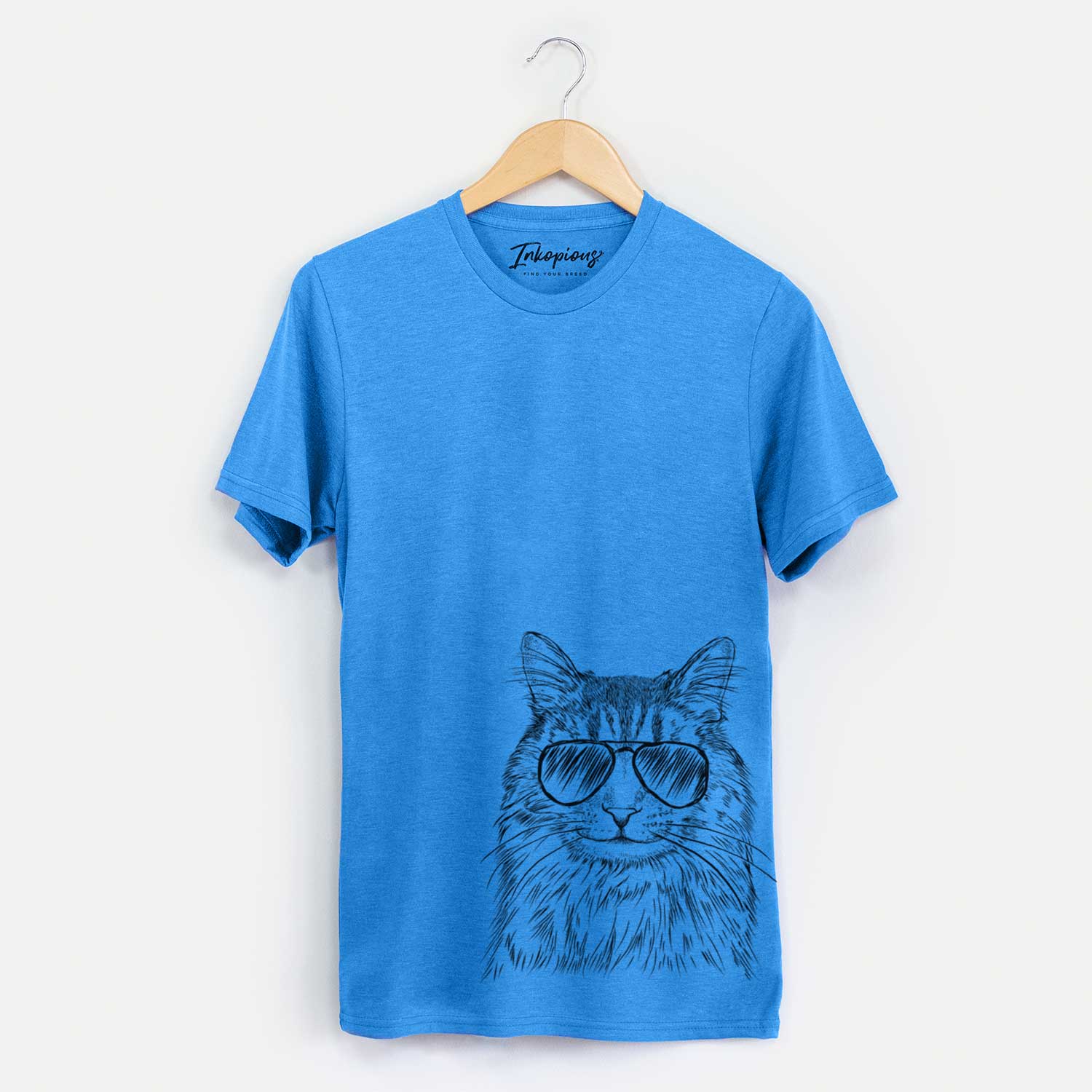 Hand-drawn sketch of Oliver Fluff the Maine Coon Mix Cat wearing aviator sunglasses on a Blue Unisex crewneck