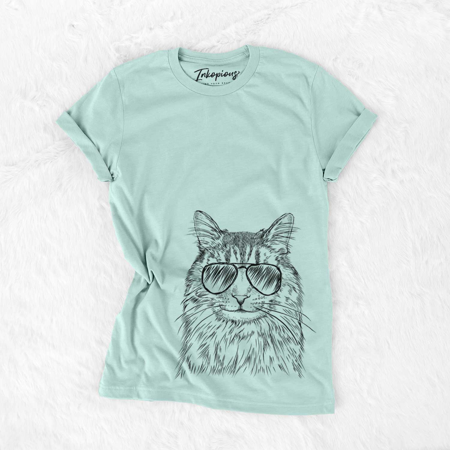 Hand-drawn sketch of Oliver Fluff the Maine Coon Mix Cat wearing aviator sunglasses on a Heather Sage Unisex crewneck