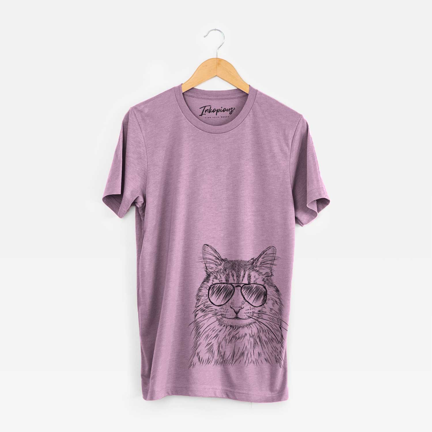 Hand-drawn sketch of Oliver Fluff the Maine Coon Mix Cat wearing aviator sunglasses on an Orchid Unisex crewneck
