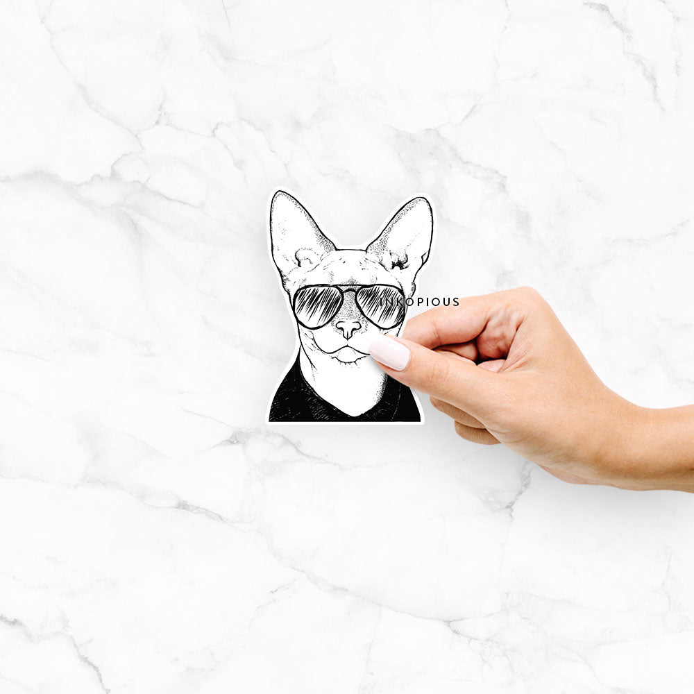 Hand-drawn sketch of Oliver Watson the Sphynx Cat wearing aviator sunglasses on a decal sticker