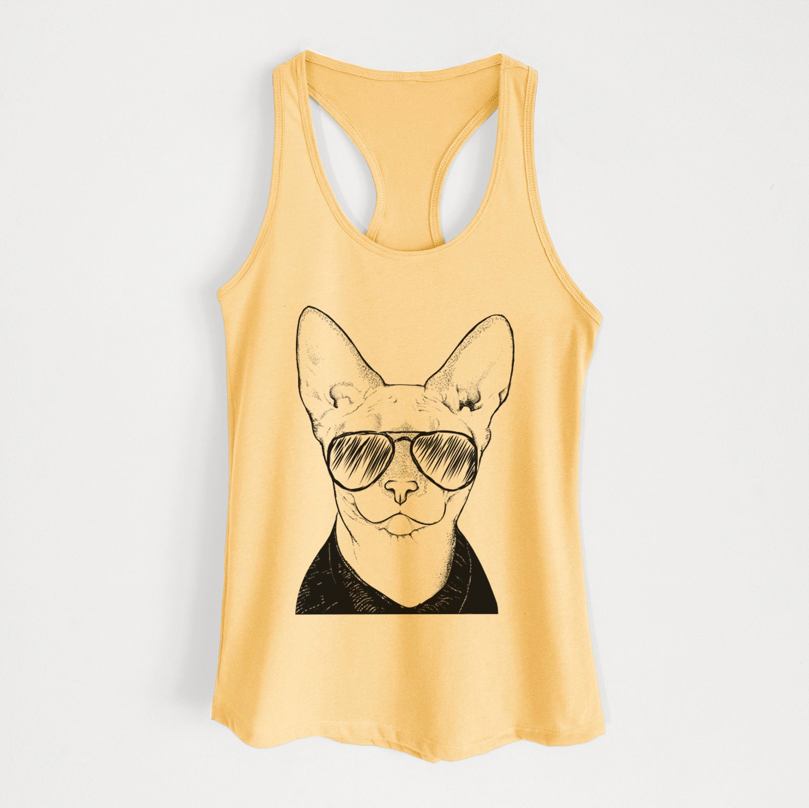 Hand-drawn sketch of Oliver Watson the Sphynx Cat wearing aviator sunglasses on a Banana Cream Women's racerback tanktop