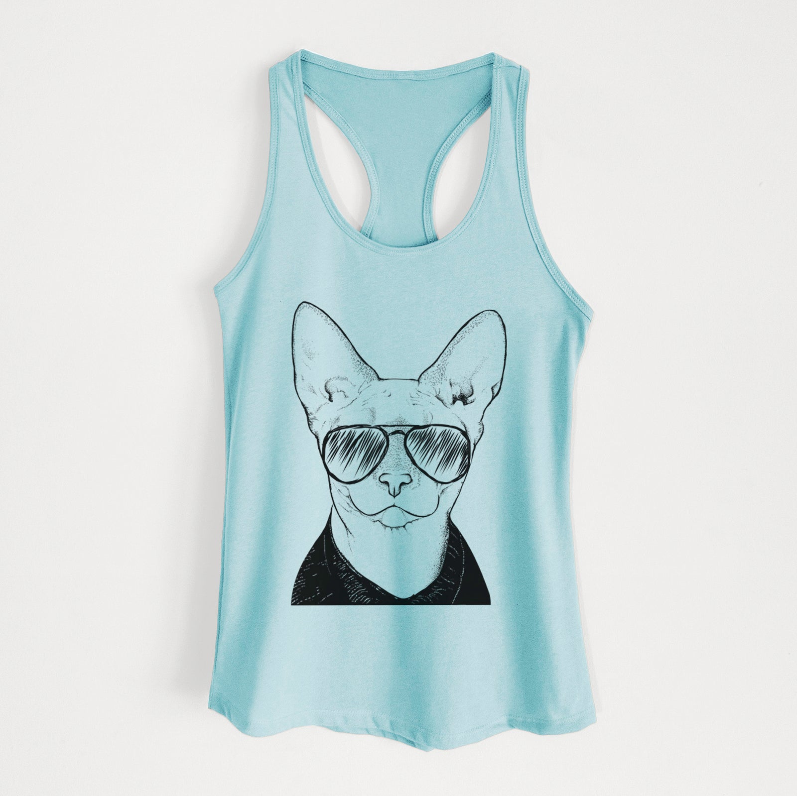 Hand-drawn sketch of Oliver Watson the Sphynx Cat wearing aviator sunglasses on a Cancun Blue Women's racerback tanktop