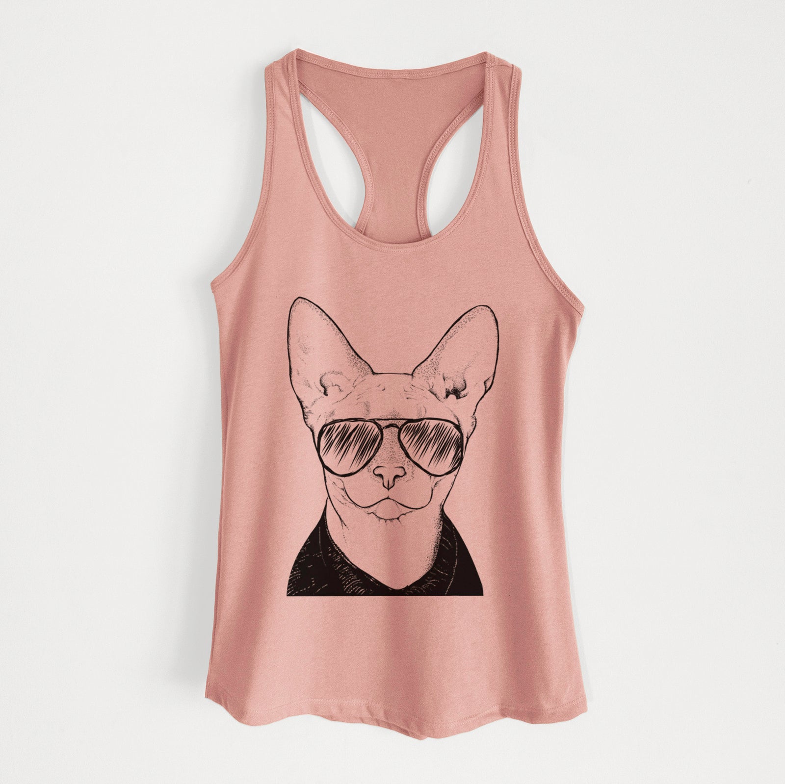 Hand-drawn sketch of Oliver Watson the Sphynx Cat wearing aviator sunglasses on a Desert Pink Women's racerback tanktop